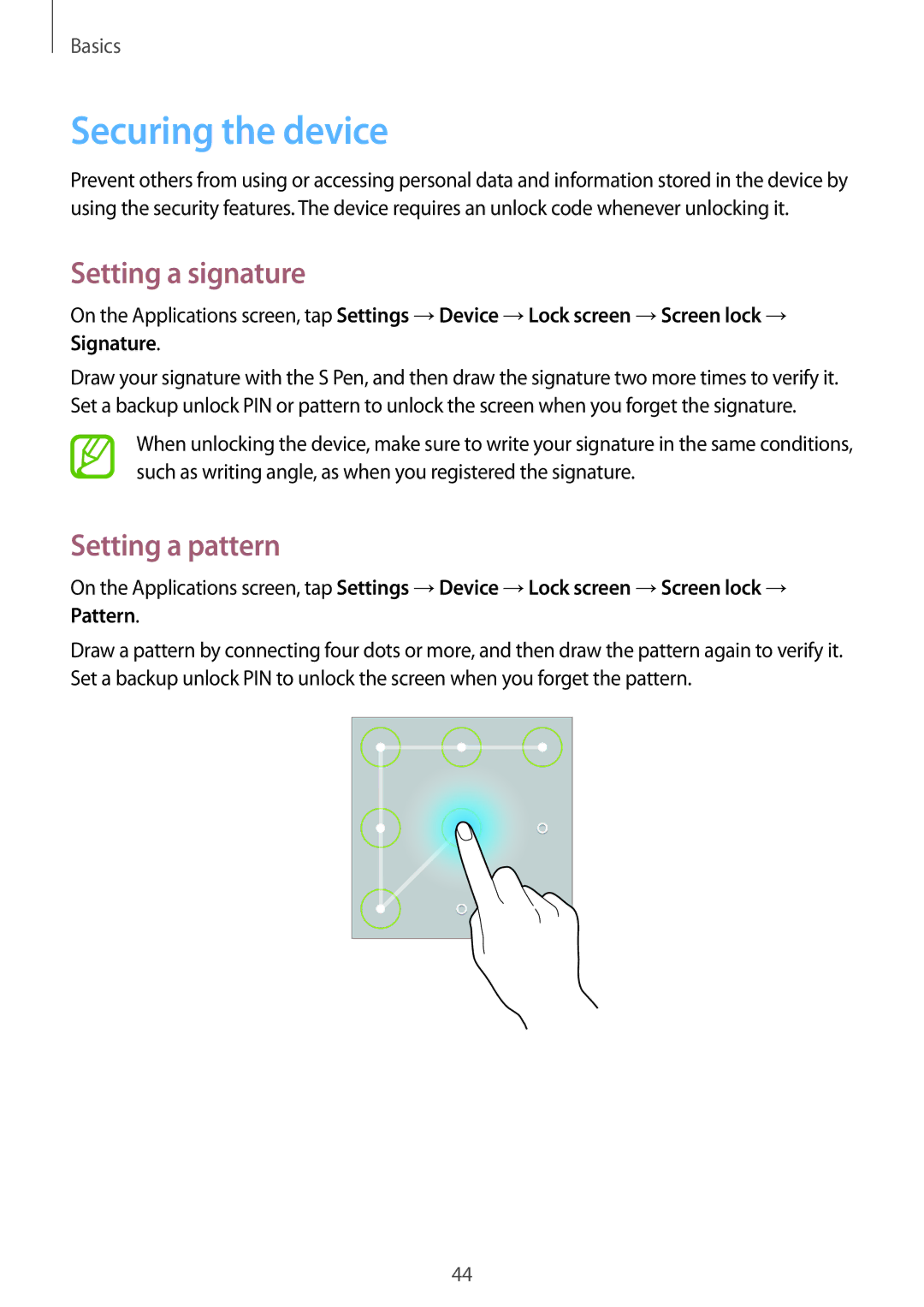 Samsung SM-P6000ZKEDBT, SM-P6000ZWAXEO, SM-P6000ZKAEUR manual Securing the device, Setting a signature, Setting a pattern 