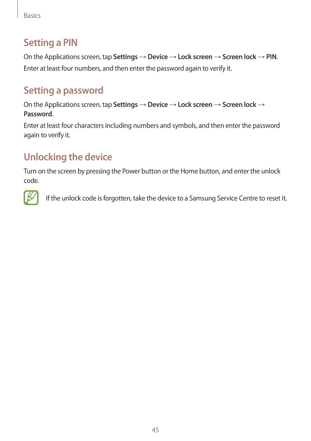 Samsung SM-P6000ZKAEUR, SM-P6000ZWAXEO, SM-P6000ZKEDBT manual Setting a PIN, Setting a password, Unlocking the device 