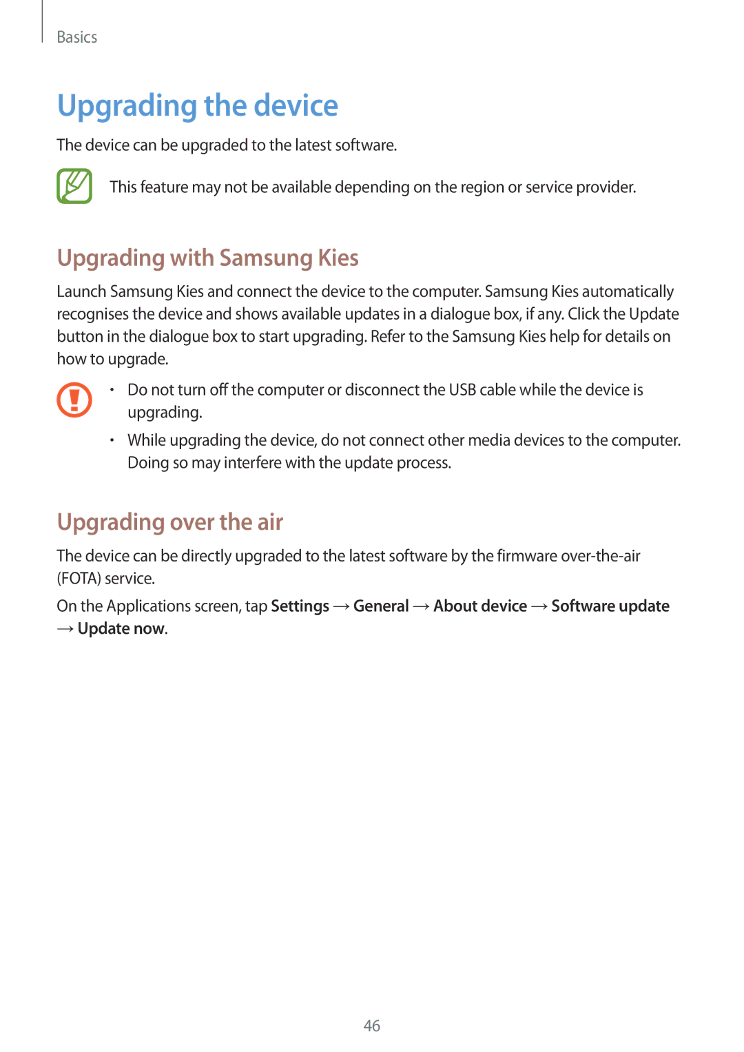 Samsung SM-P6000ZKAATO manual Upgrading the device, Upgrading with Samsung Kies, Upgrading over the air, → Update now 