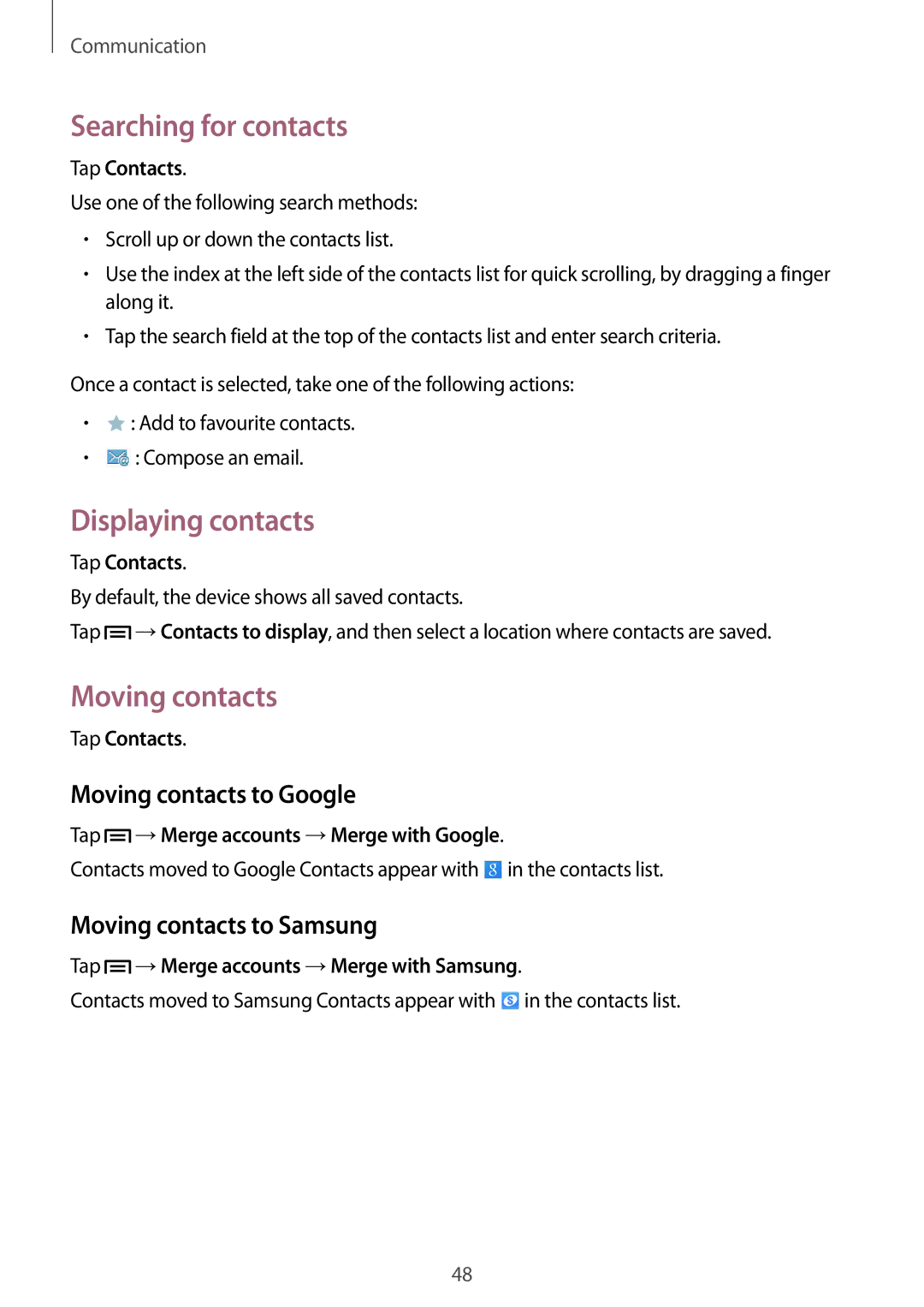 Samsung SM-P6000ZWATPH, SM-P6000ZWAXEO manual Searching for contacts, Displaying contacts, Moving contacts to Google 