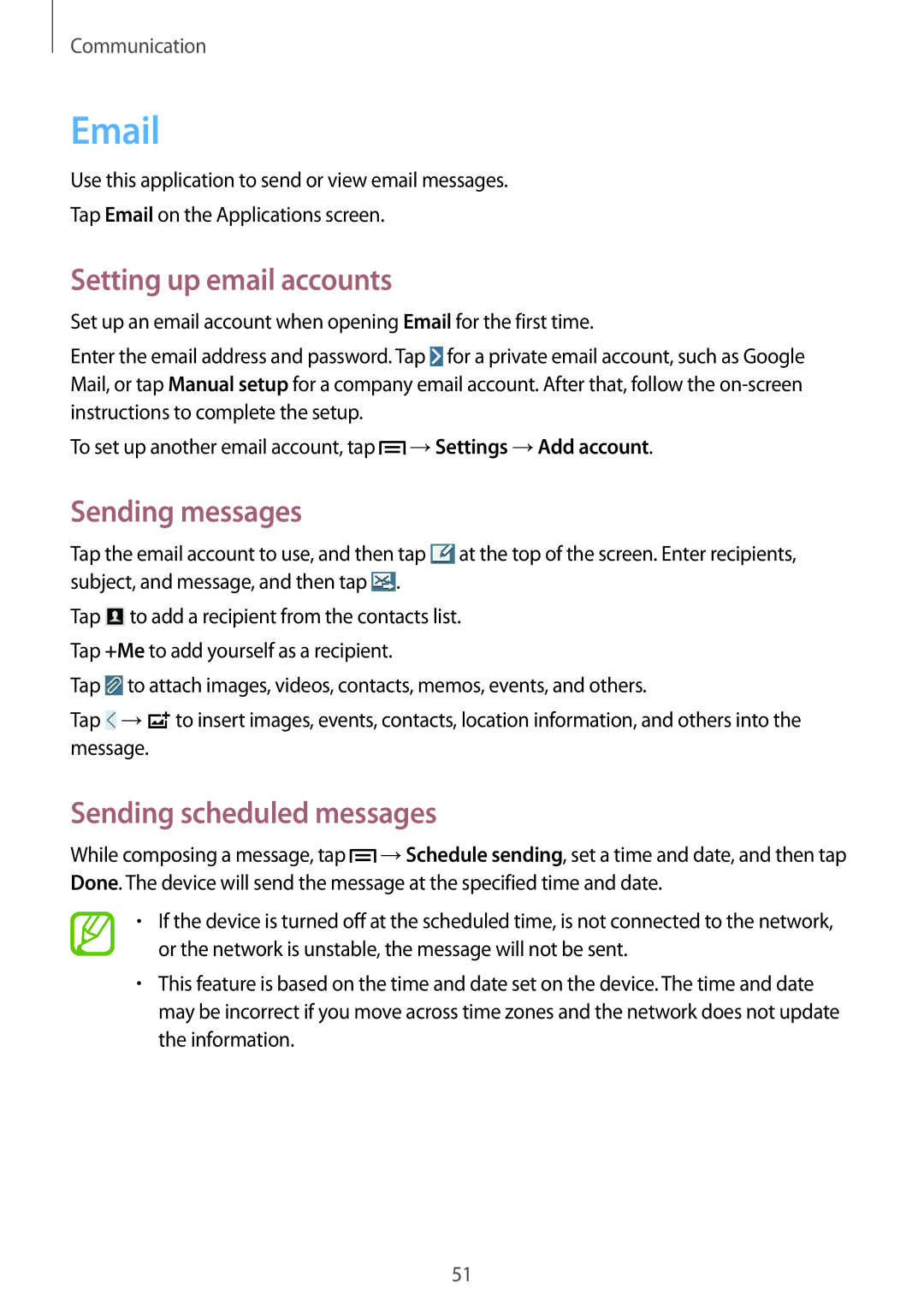 Samsung SM-P6000ZKADBT, SM-P6000ZWAXEO manual Setting up email accounts, Sending messages, Sending scheduled messages 