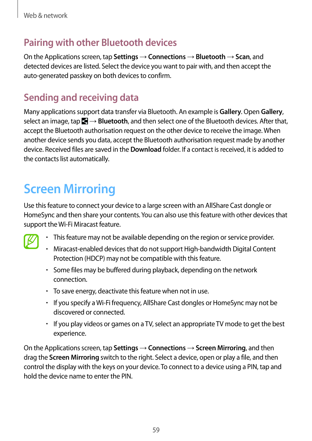 Samsung SM-P6000ZKEPHE, SM-P6000ZWAXEO Screen Mirroring, Pairing with other Bluetooth devices, Sending and receiving data 