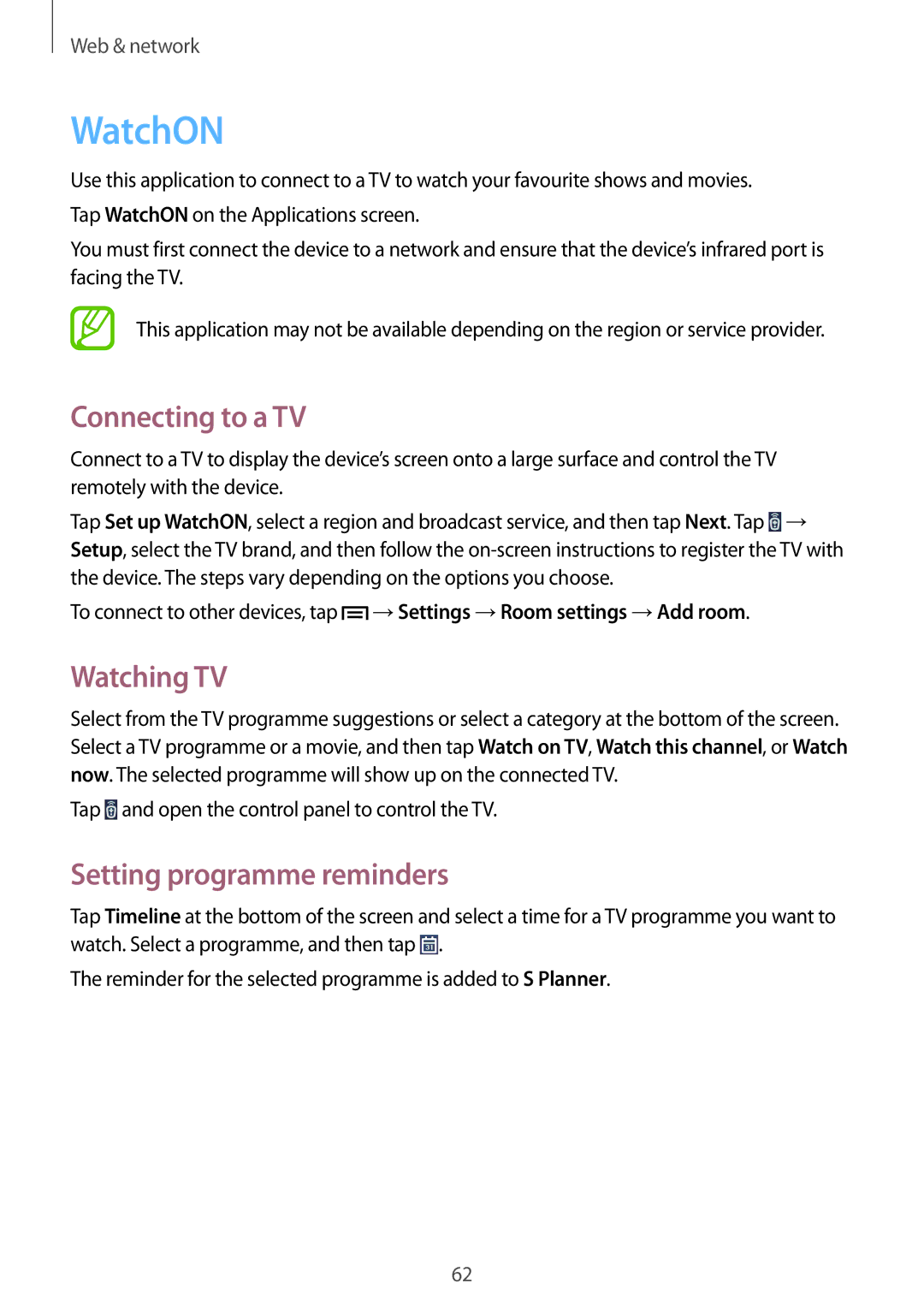 Samsung SM-P6000ZWAROM, SM-P6000ZWAXEO manual WatchON, Connecting to a TV, Watching TV, Setting programme reminders 