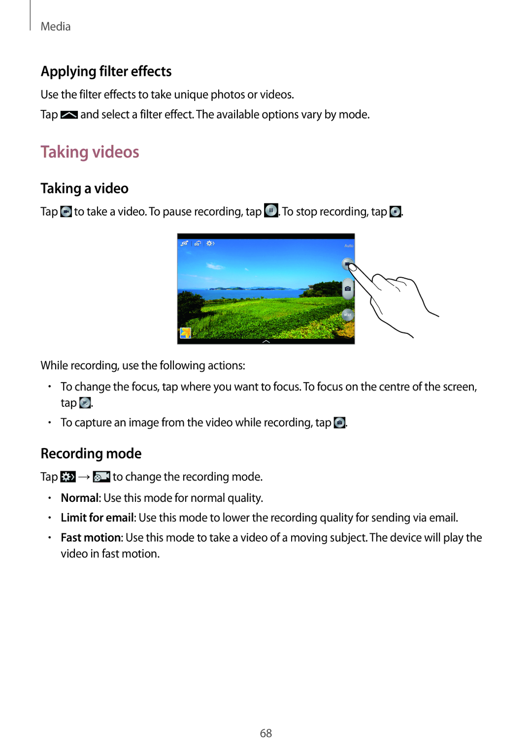 Samsung SM-P6000ZKAROM, SM-P6000ZWAXEO manual Taking videos, Applying filter effects, Taking a video, Recording mode 