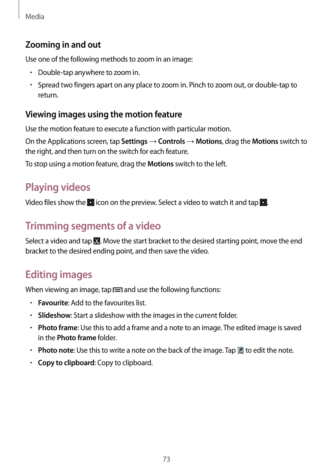 Samsung SM-P6000ZWAXEZ, SM-P6000ZWAXEO Playing videos, Trimming segments of a video, Editing images, Zooming in and out 