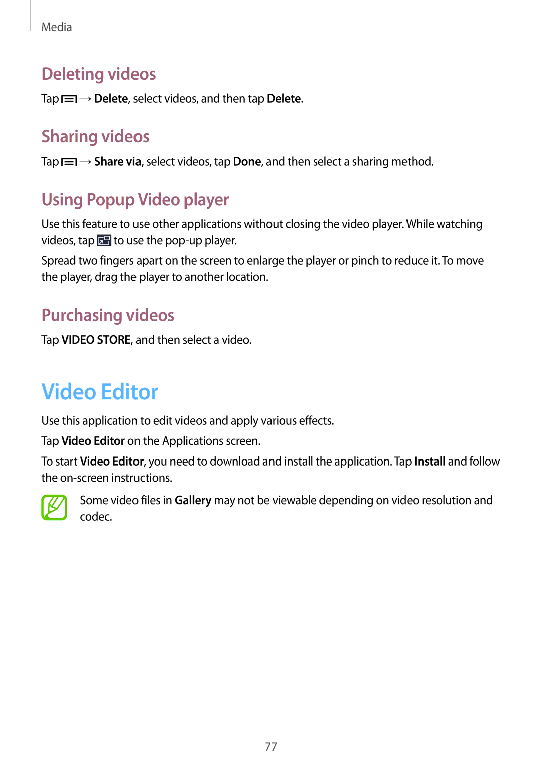 Samsung SM-P6000ZKANEE manual Video Editor, Deleting videos, Sharing videos, Using Popup Video player, Purchasing videos 