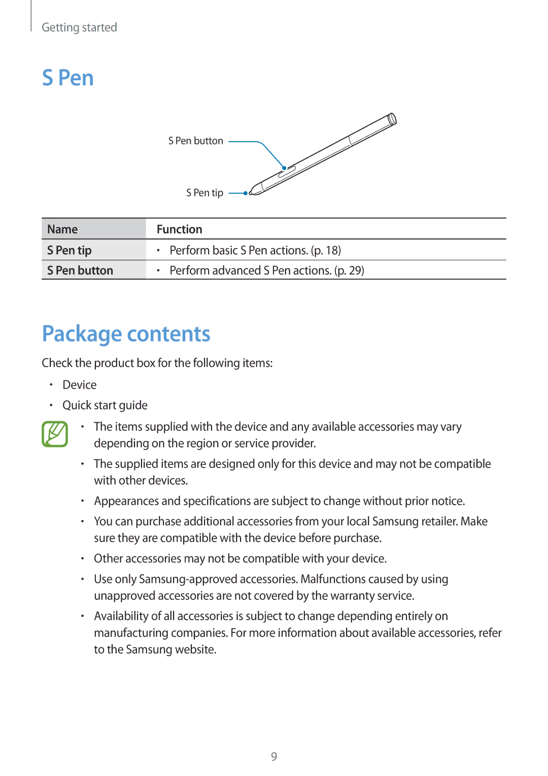 Samsung SM-P6000ZWADBT, SM-P6000ZWAXEO, SM-P6000ZKEDBT, SM-P6000ZKAEUR, SM-P6000ZKAATO, SM-P6000ZWEATO Pen, Package contents 