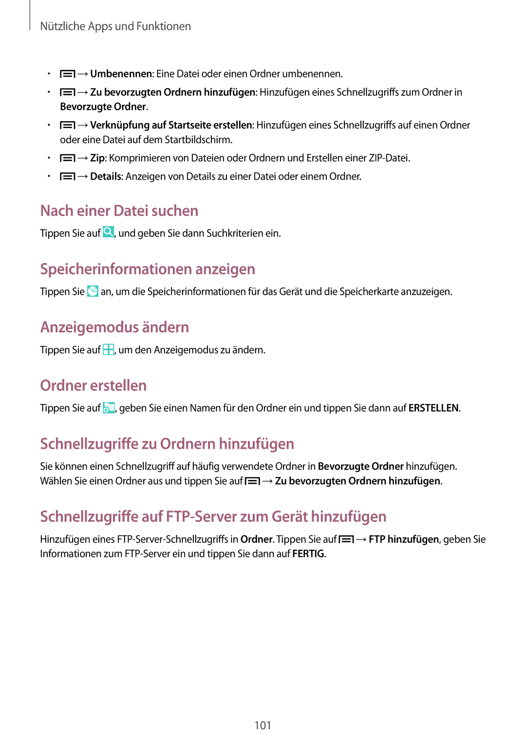 Samsung SM-P6000ZWATPH Nach einer Datei suchen, Speicherinformationen anzeigen, Anzeigemodus ändern, Ordner erstellen 