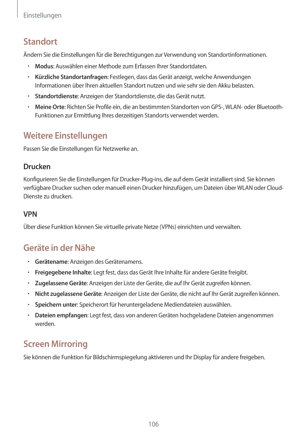 Samsung SM-P6000ZWATUR, SM-P6000ZWAXEO manual Standort, Weitere Einstellungen, Geräte in der Nähe, Screen Mirroring, Drucken 