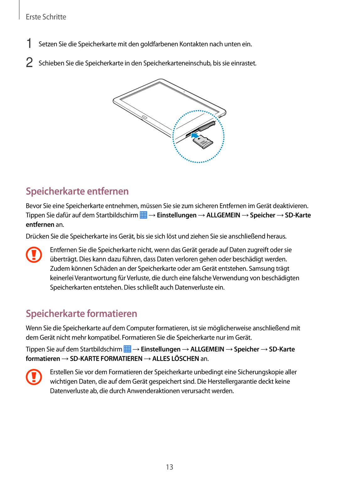 Samsung SM-P6000ZWEDBT, SM-P6000ZWAXEO, SM-P6000ZKEDBT, SM-P6000ZKAEUR Speicherkarte entfernen, Speicherkarte formatieren 