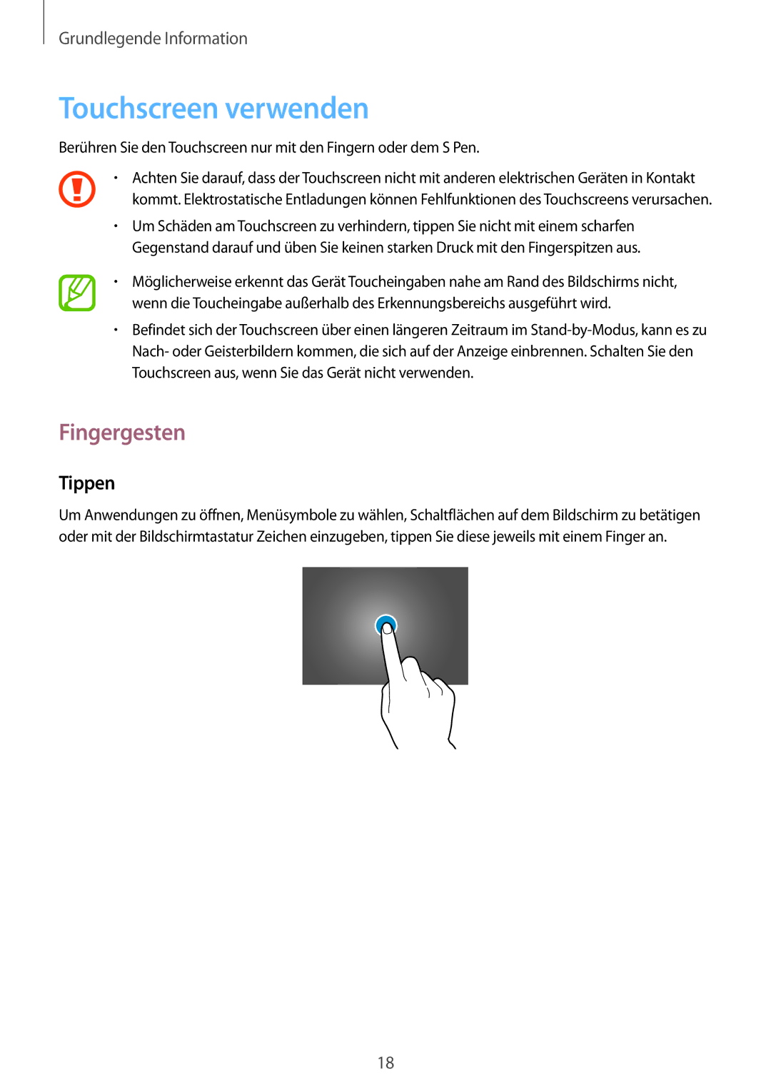 Samsung SM-P6000ZKAEUR, SM-P6000ZWAXEO, SM-P6000ZKEDBT, SM-P6000ZKAATO manual Touchscreen verwenden, Fingergesten, Tippen 