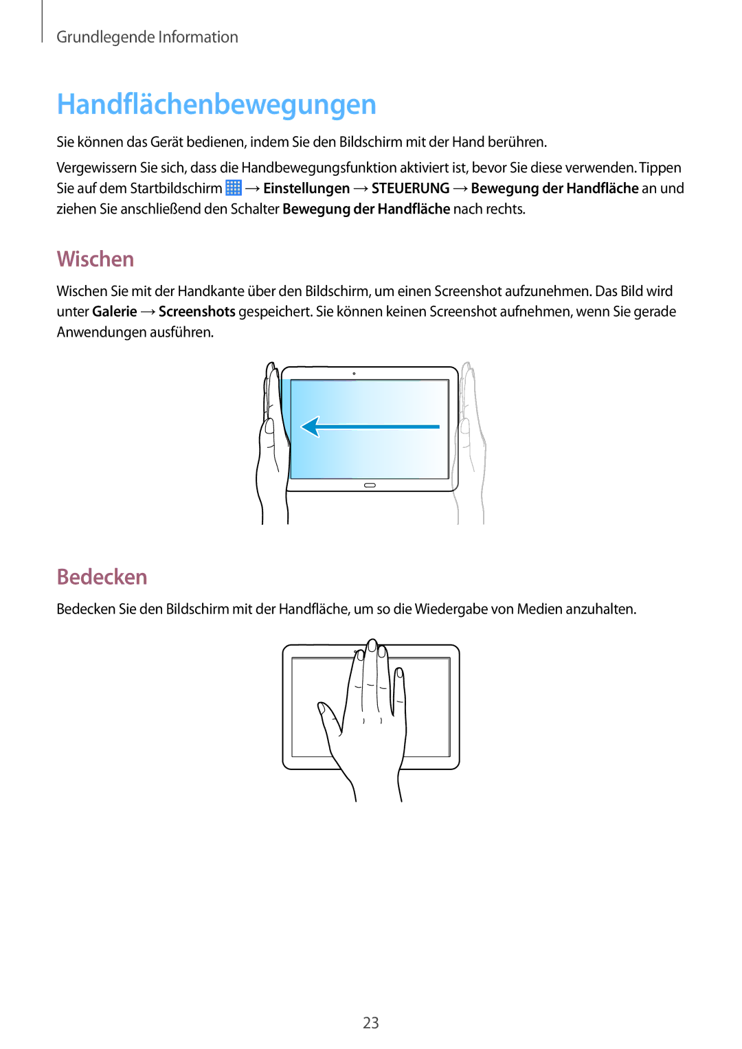 Samsung SM-P6000ZWAATO, SM-P6000ZWAXEO, SM-P6000ZKEDBT, SM-P6000ZKAEUR manual Handflächenbewegungen, Wischen, Bedecken 