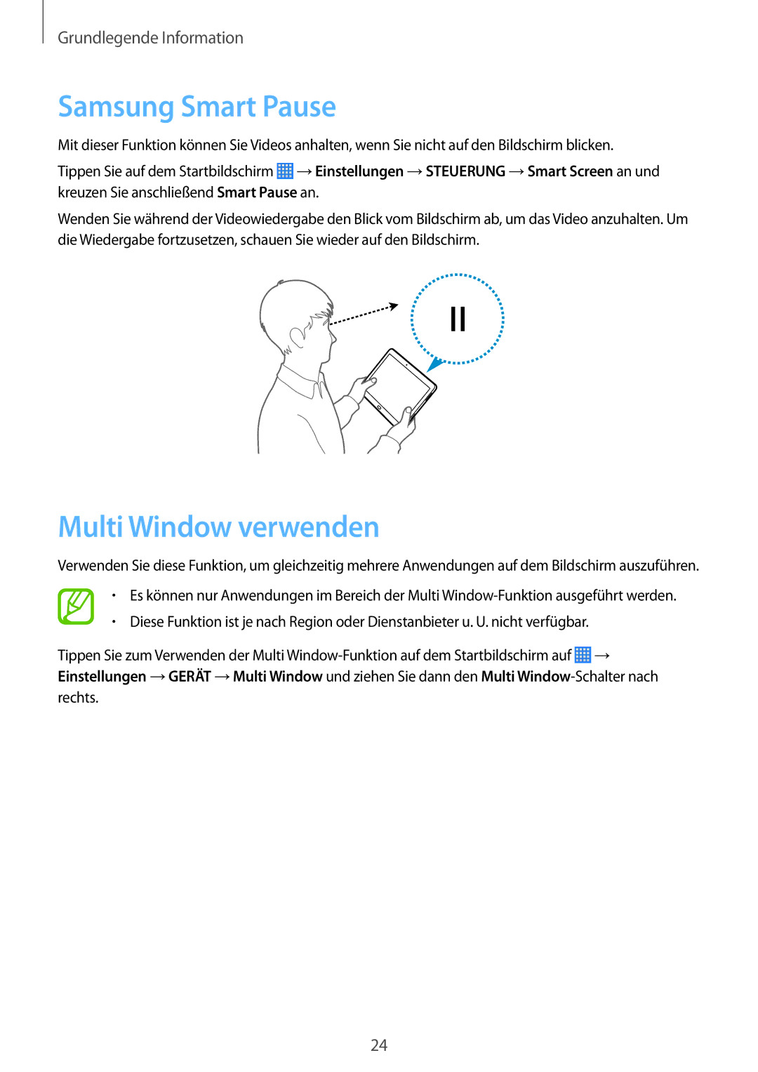 Samsung SM-P6000ZKADBT, SM-P6000ZWAXEO, SM-P6000ZKEDBT, SM-P6000ZKAEUR manual Samsung Smart Pause, Multi Window verwenden 