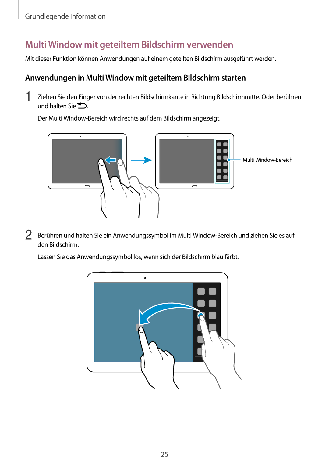 Samsung SM-P6000ZWADBT, SM-P6000ZWAXEO, SM-P6000ZKEDBT, SM-P6000ZKAEUR manual Multi Window mit geteiltem Bildschirm verwenden 