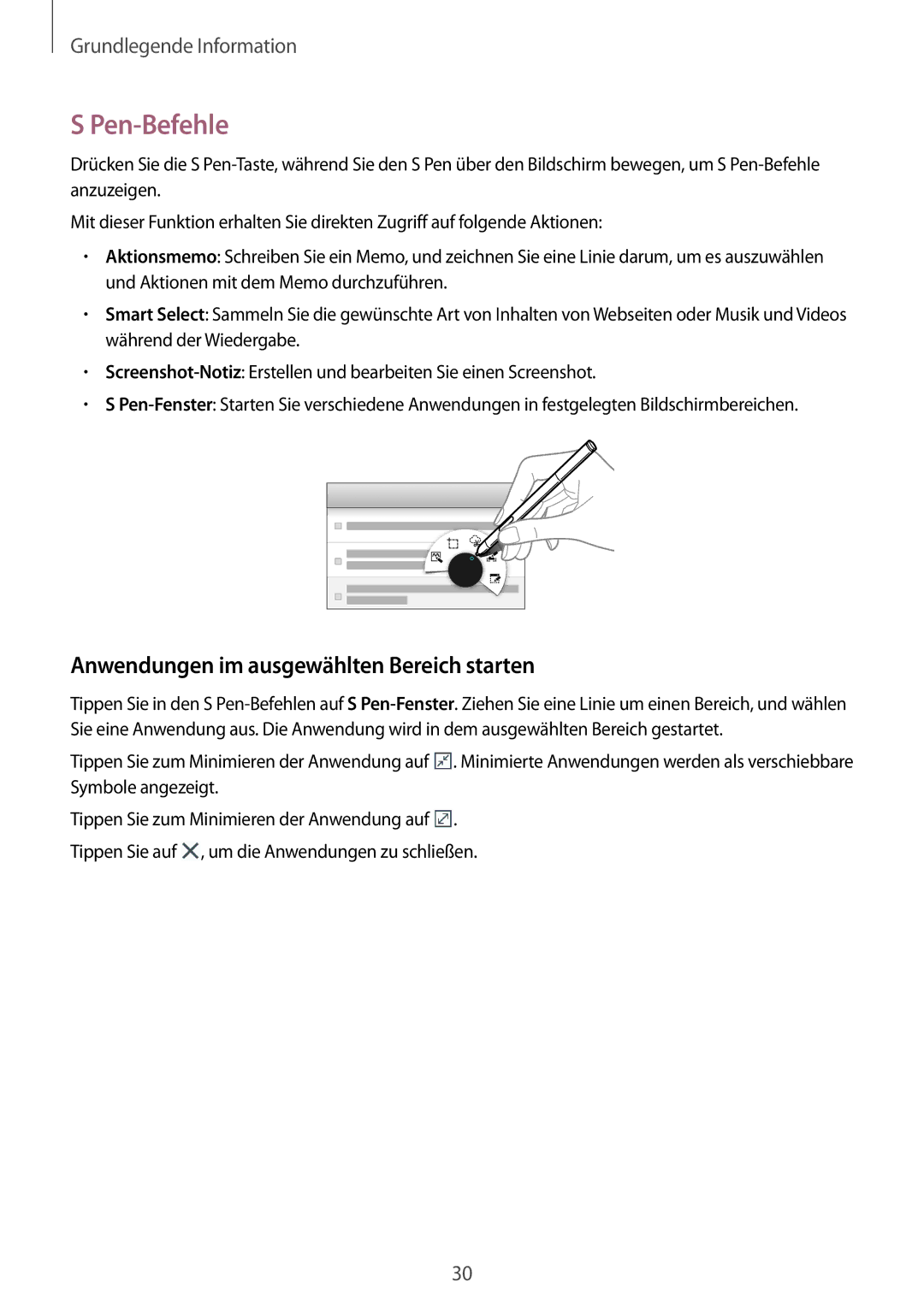 Samsung SM-P6000ZKAXEF, SM-P6000ZWAXEO, SM-P6000ZKEDBT manual Pen-Befehle, Anwendungen im ausgewählten Bereich starten 