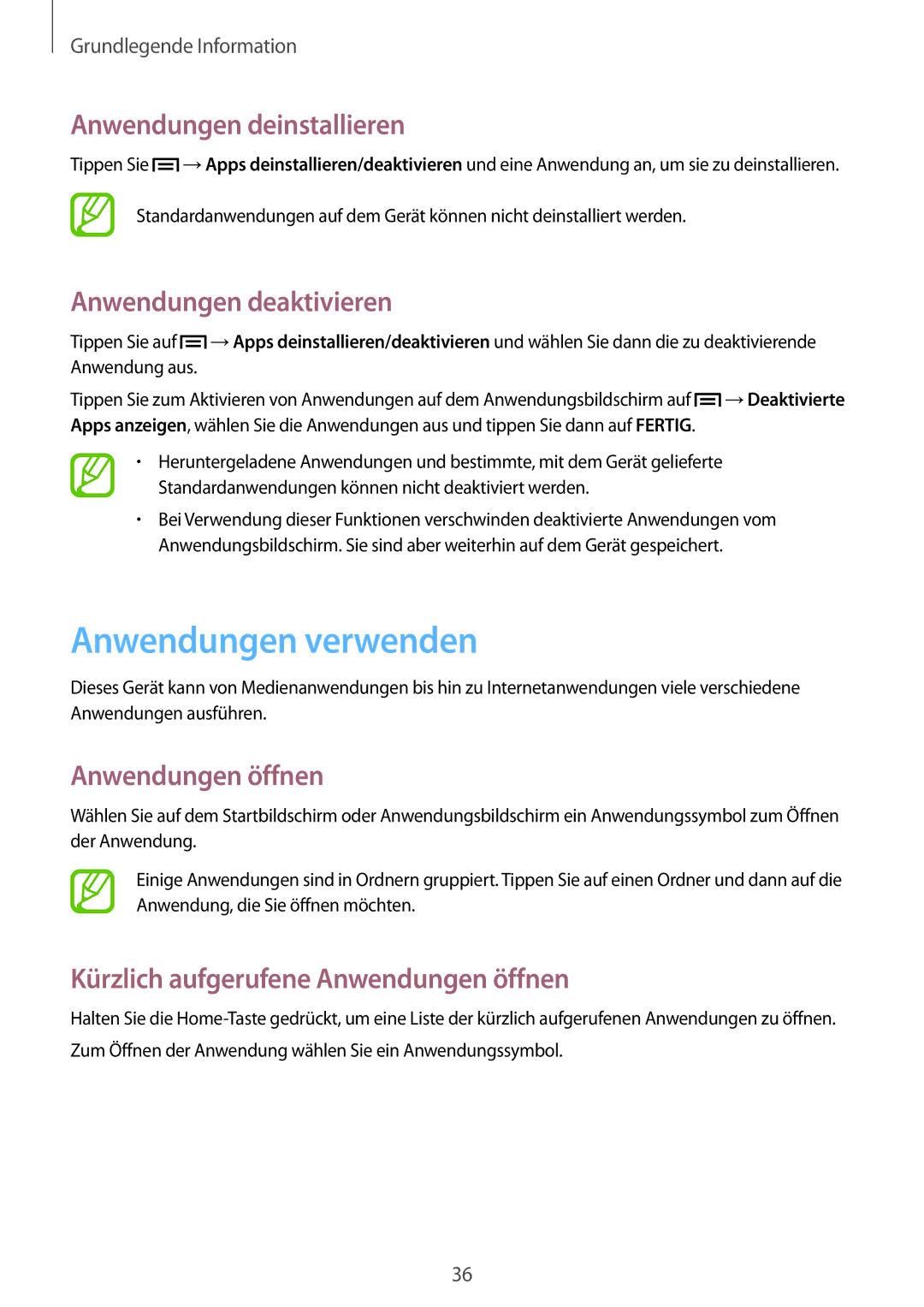 Samsung SM-P6000ZWEATO Anwendungen verwenden, Anwendungen deinstallieren, Anwendungen deaktivieren, Anwendungen öffnen 