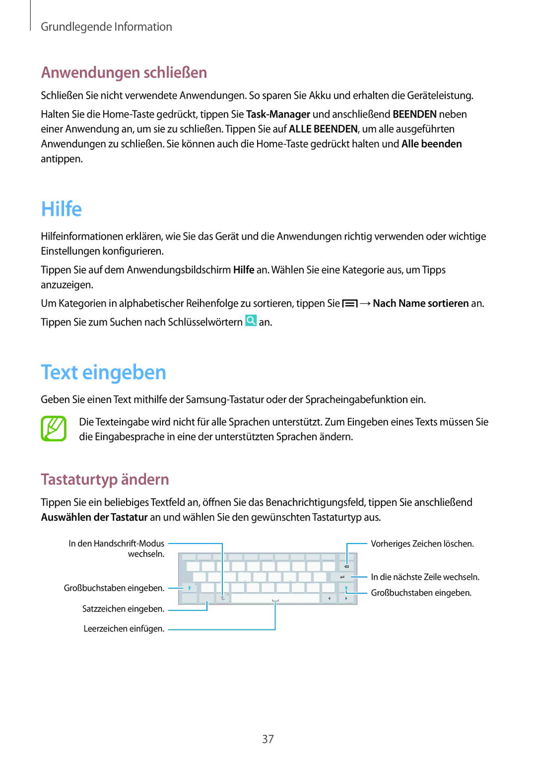 Samsung SM-P6000ZWATPH, SM-P6000ZWAXEO, SM-P6000ZKEDBT manual Hilfe, Text eingeben, Anwendungen schließen, Tastaturtyp ändern 