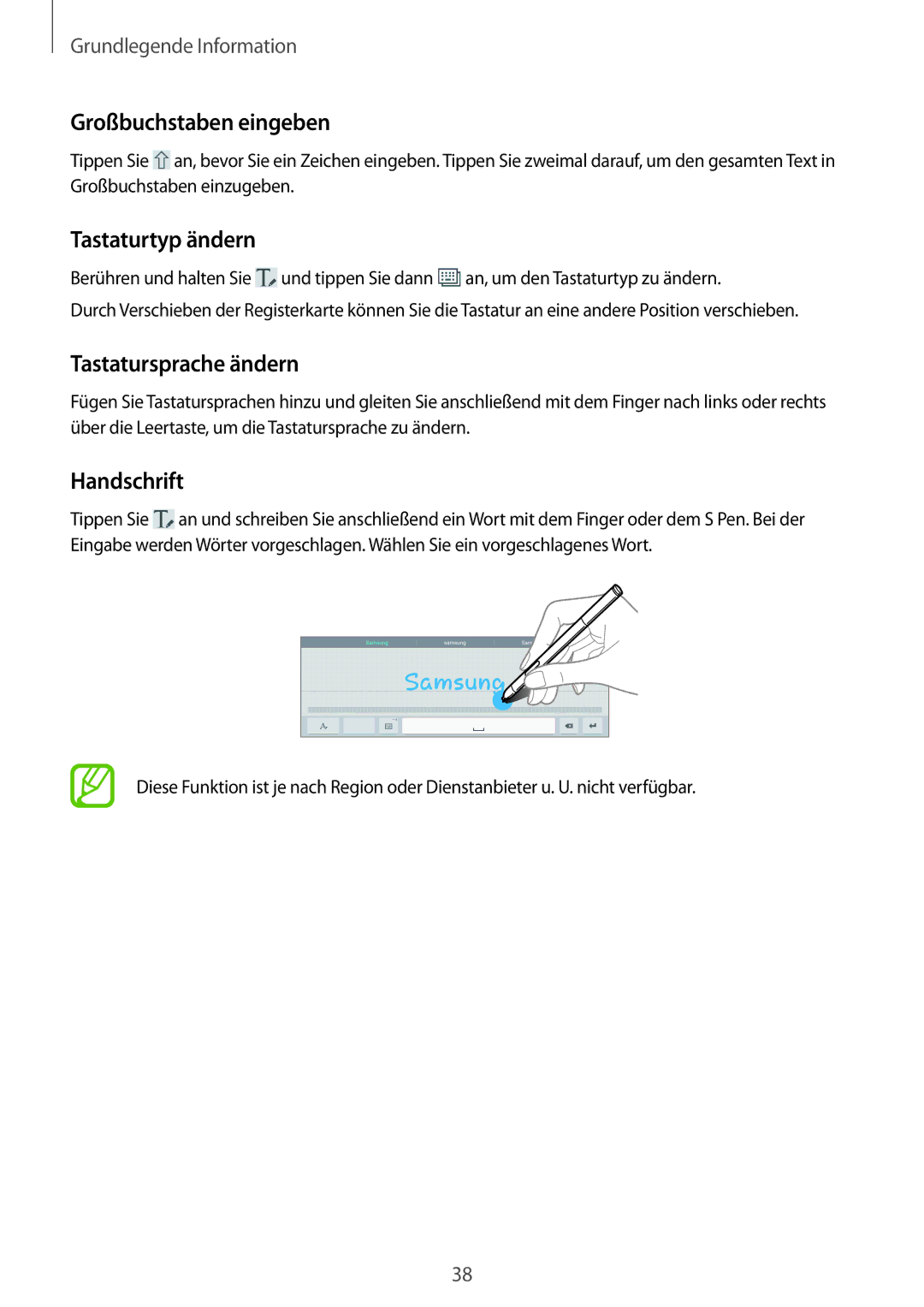 Samsung SM-P6000ZWAEUR, SM-P6000ZWAXEO Großbuchstaben eingeben, Tastaturtyp ändern, Tastatursprache ändern, Handschrift 