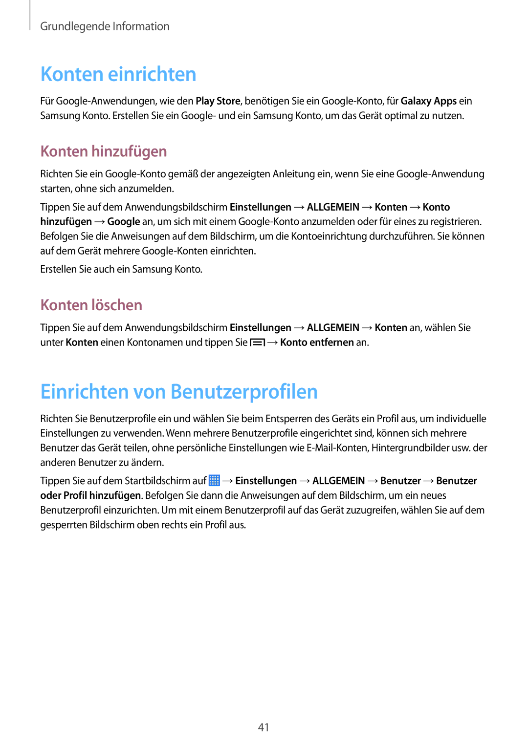 Samsung SM-P6000ZWADBT manual Konten einrichten, Einrichten von Benutzerprofilen, Konten hinzufügen, Konten löschen 