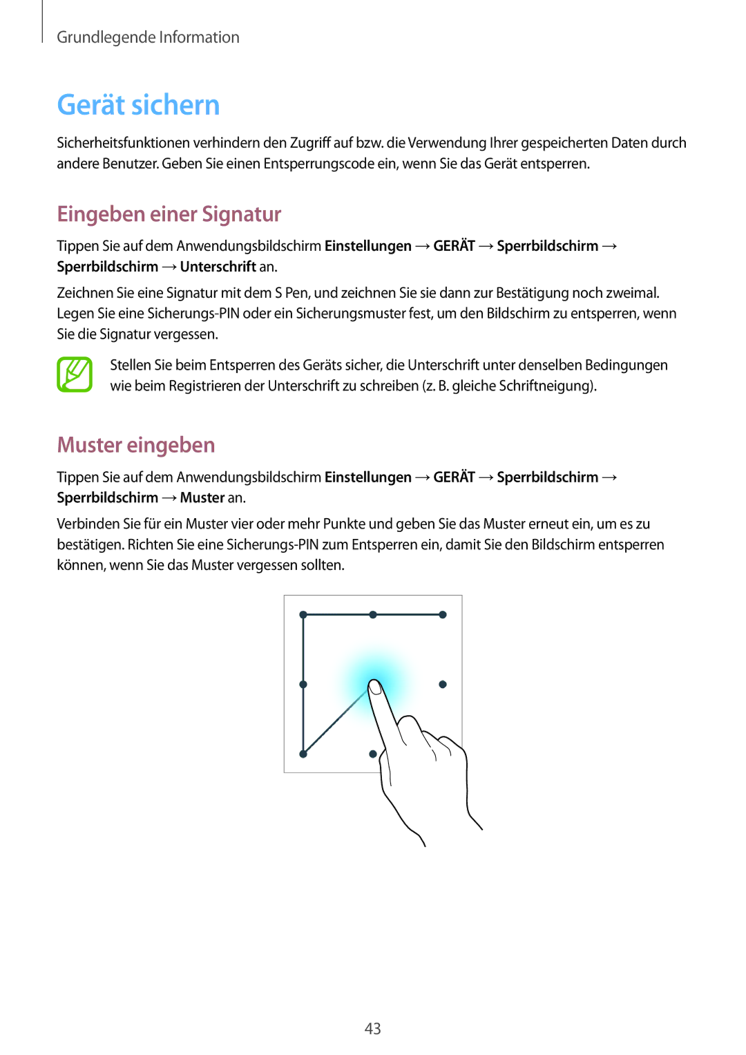 Samsung SM-P6000ZKEATO, SM-P6000ZWAXEO, SM-P6000ZKEDBT manual Gerät sichern, Eingeben einer Signatur, Muster eingeben 