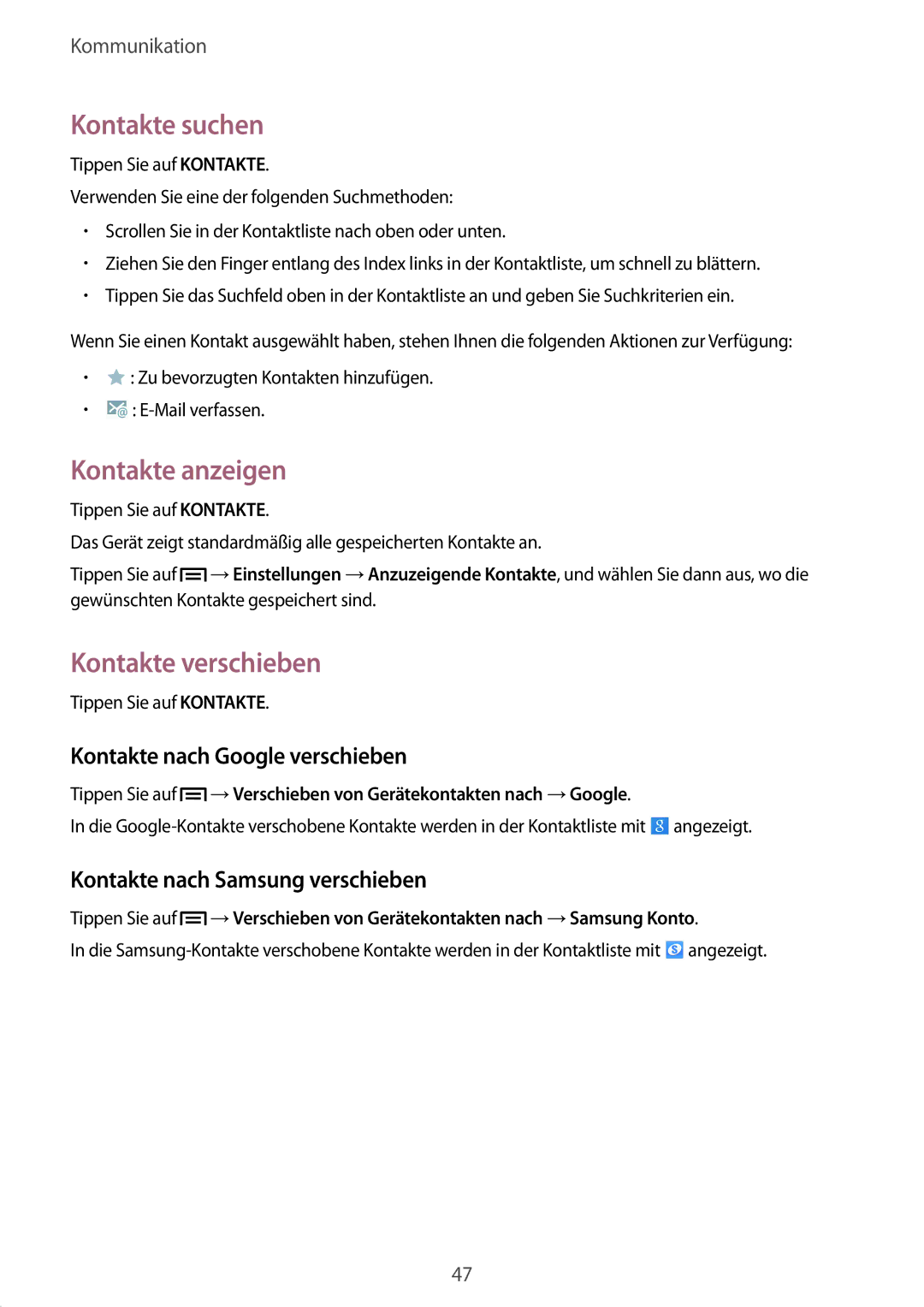 Samsung SM-P6000ZWAXEF manual Kontakte suchen, Kontakte anzeigen, Kontakte verschieben, Kontakte nach Google verschieben 