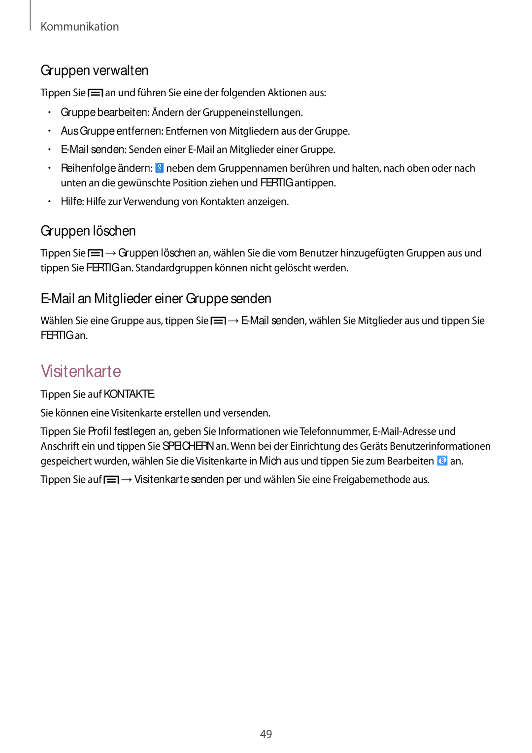 Samsung SM-P6000ZKEDBT manual Visitenkarte, Gruppen verwalten, Gruppen löschen, Mail an Mitglieder einer Gruppe senden 