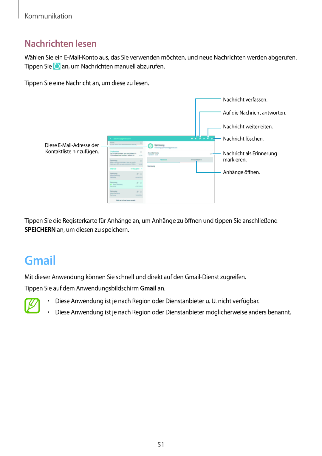 Samsung SM-P6000ZKAATO, SM-P6000ZWAXEO, SM-P6000ZKEDBT, SM-P6000ZKAEUR, SM-P6000ZWEATO manual Gmail, Nachrichten lesen 