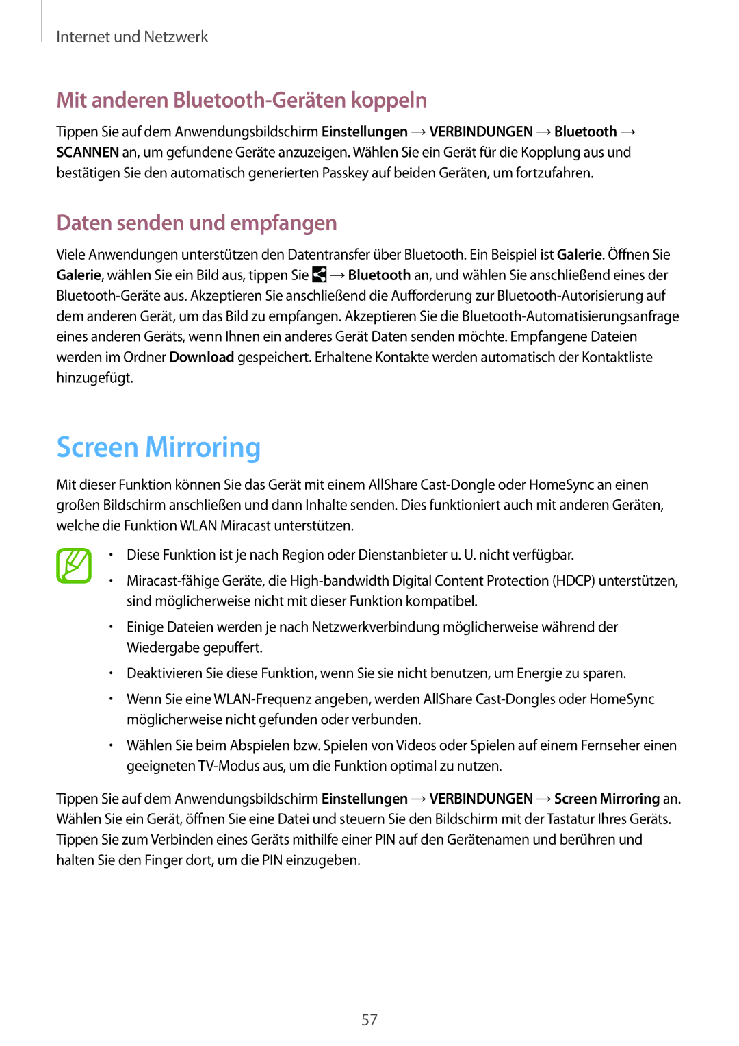 Samsung SM-P6000ZWADBT, SM-P6000ZWAXEO Screen Mirroring, Mit anderen Bluetooth-Geräten koppeln, Daten senden und empfangen 