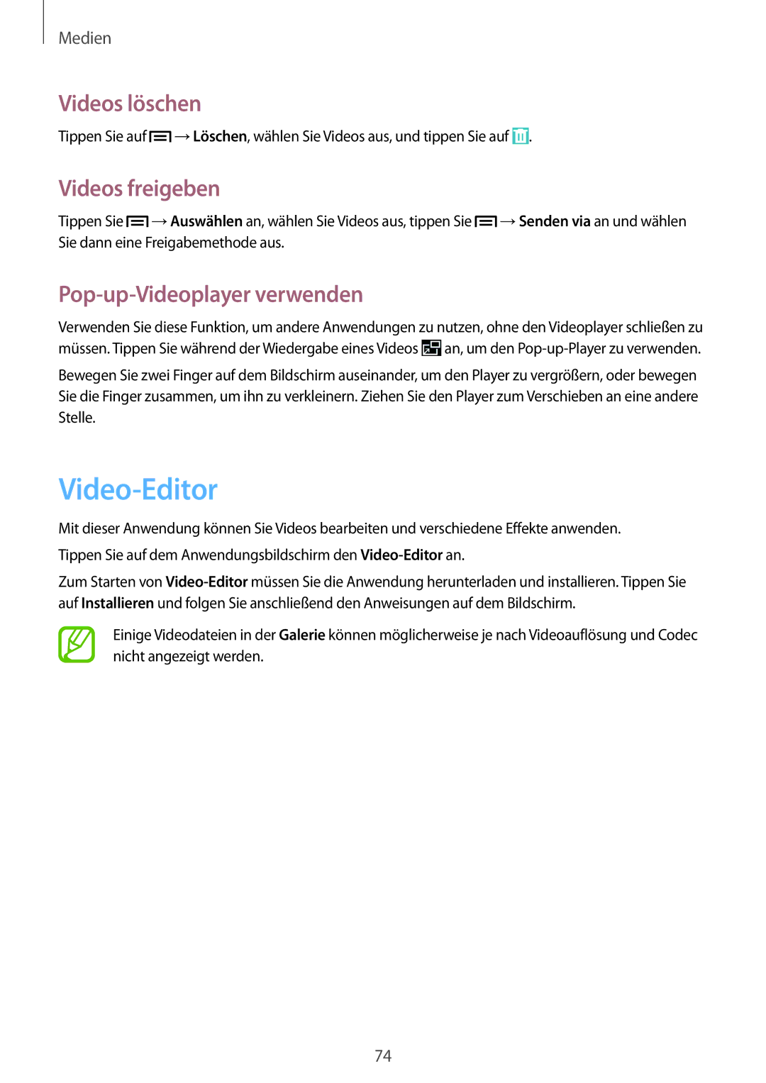 Samsung SM-P6000ZWATUR, SM-P6000ZWAXEO manual Video-Editor, Videos löschen, Videos freigeben, Pop-up-Videoplayer verwenden 