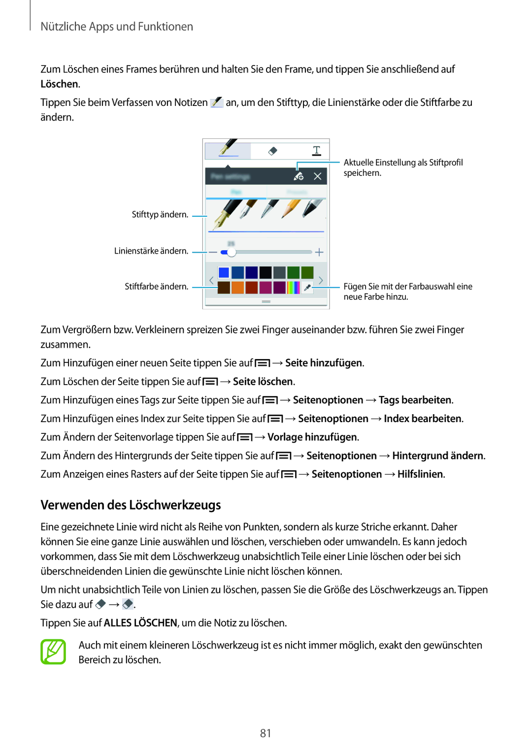 Samsung SM-P6000ZKEDBT, SM-P6000ZWAXEO, SM-P6000ZKAEUR manual Verwenden des Löschwerkzeugs, Nützliche Apps und Funktionen 