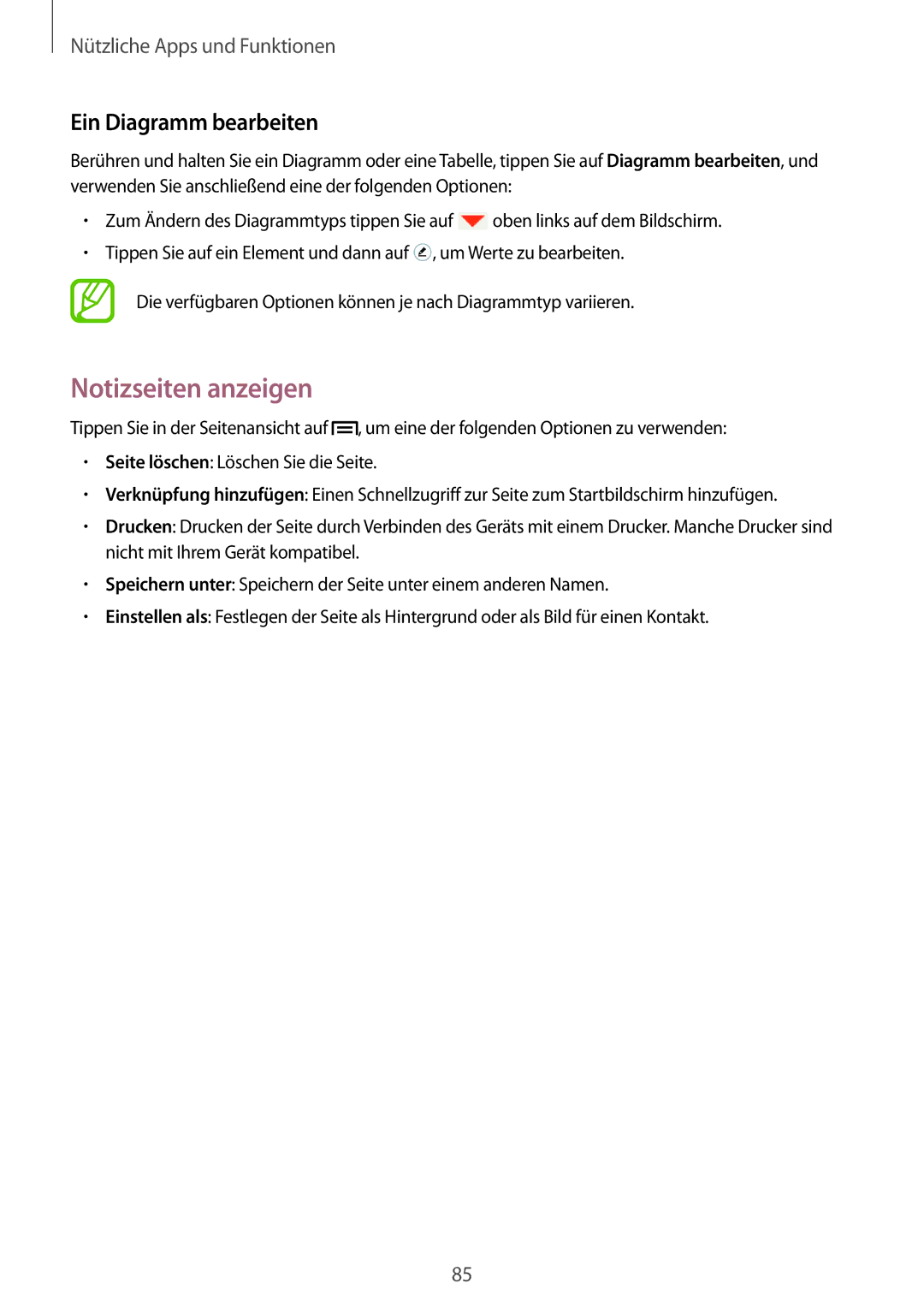 Samsung SM-P6000ZWATPH, SM-P6000ZWAXEO, SM-P6000ZKEDBT, SM-P6000ZKAEUR manual Notizseiten anzeigen, Ein Diagramm bearbeiten 