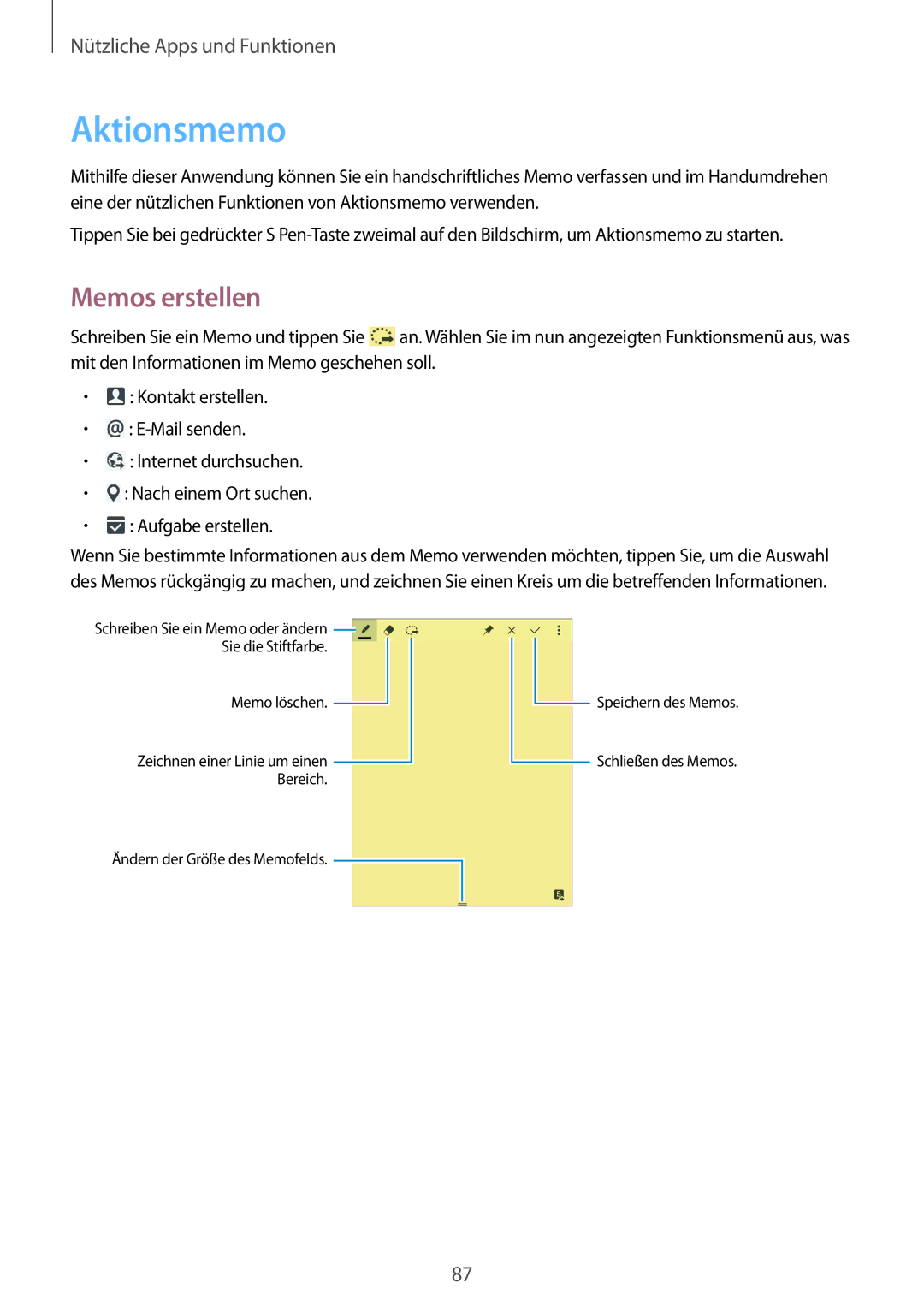 Samsung SM-P6000ZWAATO, SM-P6000ZWAXEO, SM-P6000ZKEDBT, SM-P6000ZKAEUR, SM-P6000ZKAATO manual Aktionsmemo, Memos erstellen 