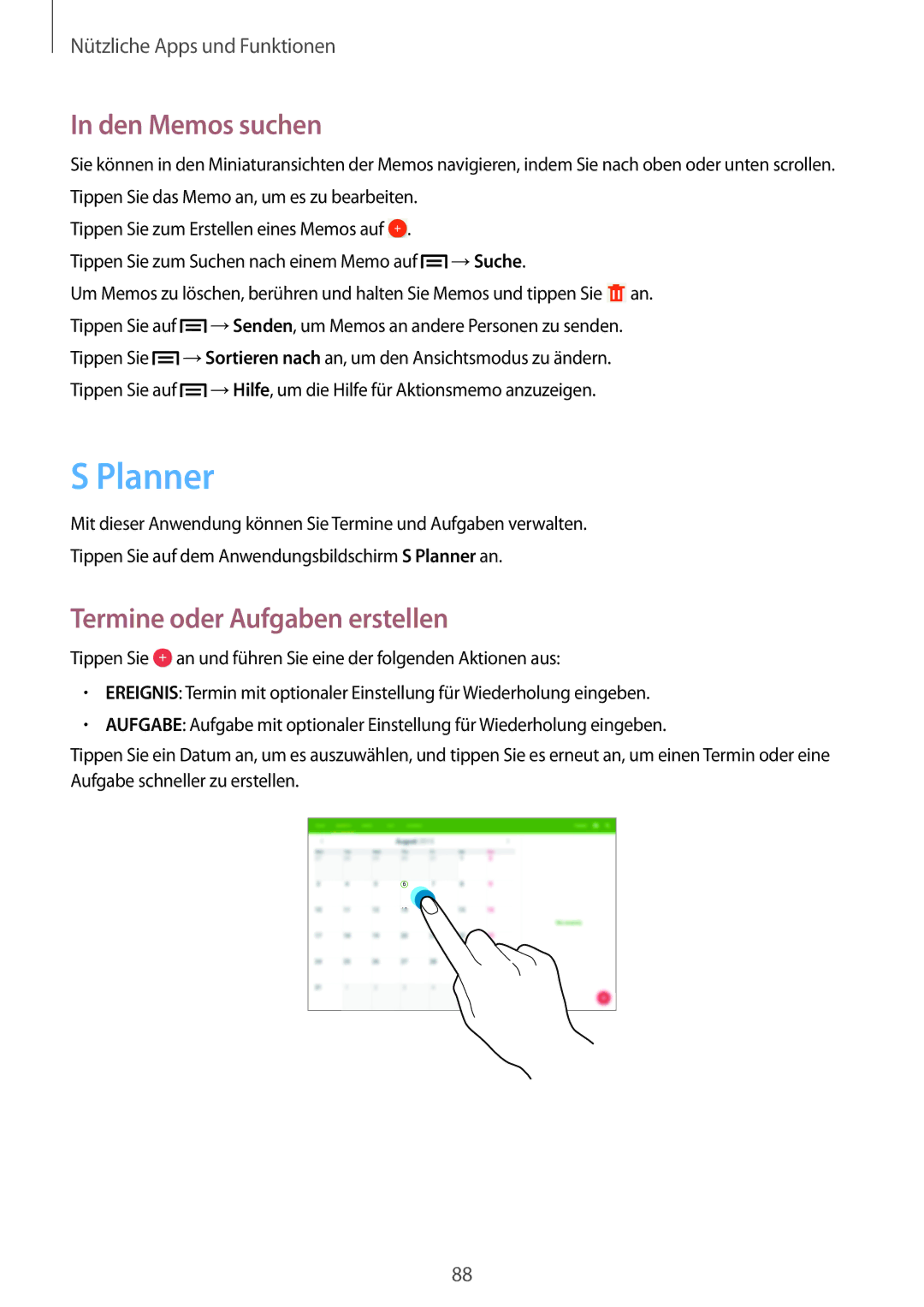 Samsung SM-P6000ZKADBT, SM-P6000ZWAXEO, SM-P6000ZKEDBT manual Planner, Den Memos suchen, Termine oder Aufgaben erstellen 