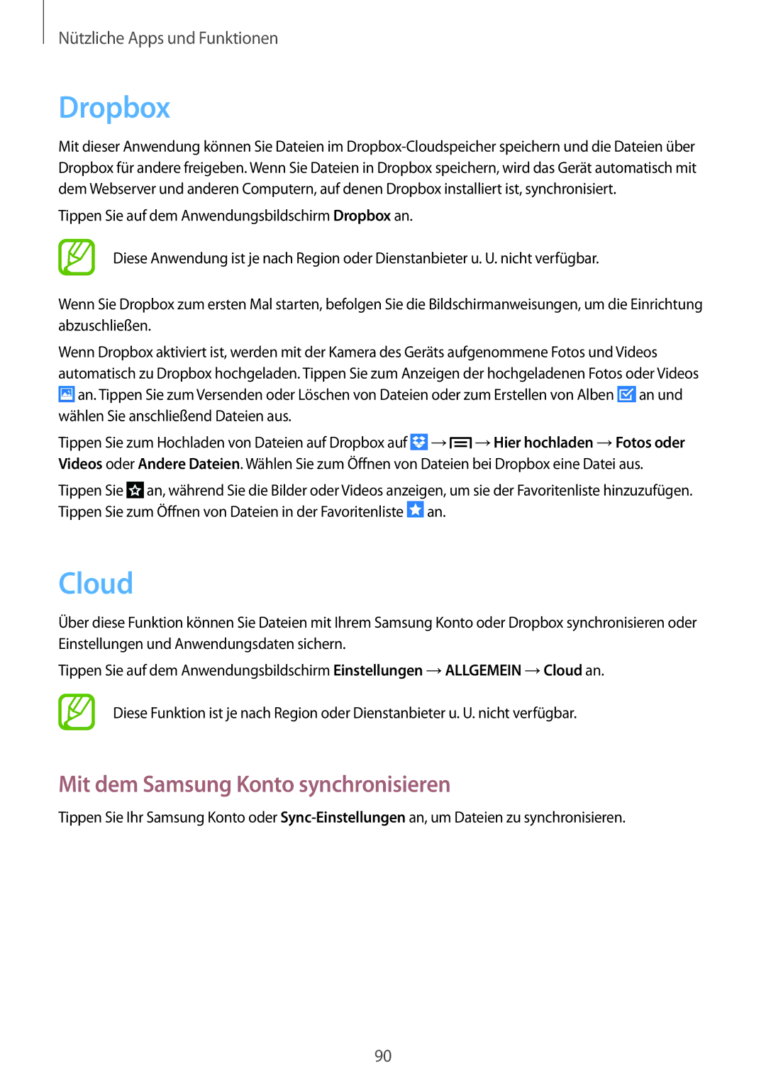 Samsung SM-P6000ZWATUR, SM-P6000ZWAXEO, SM-P6000ZKEDBT, SM-P6000ZKAEUR Dropbox, Cloud, Mit dem Samsung Konto synchronisieren 