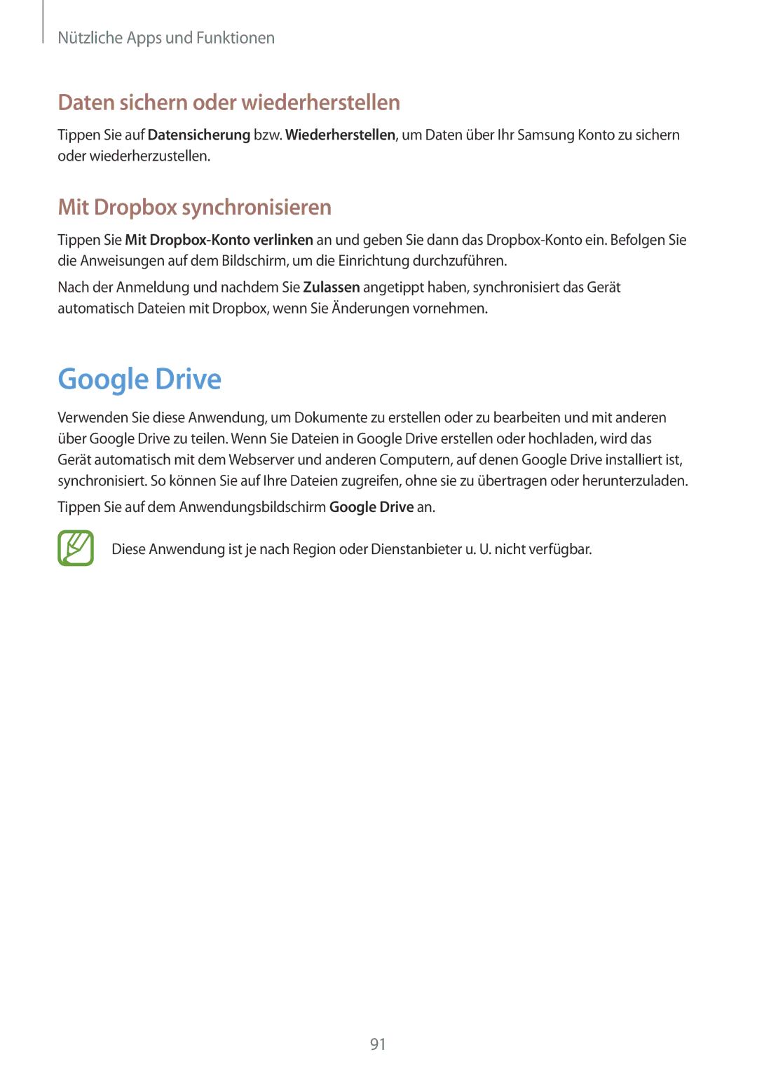 Samsung SM-P6000ZKEATO, SM-P6000ZWAXEO manual Google Drive, Daten sichern oder wiederherstellen, Mit Dropbox synchronisieren 