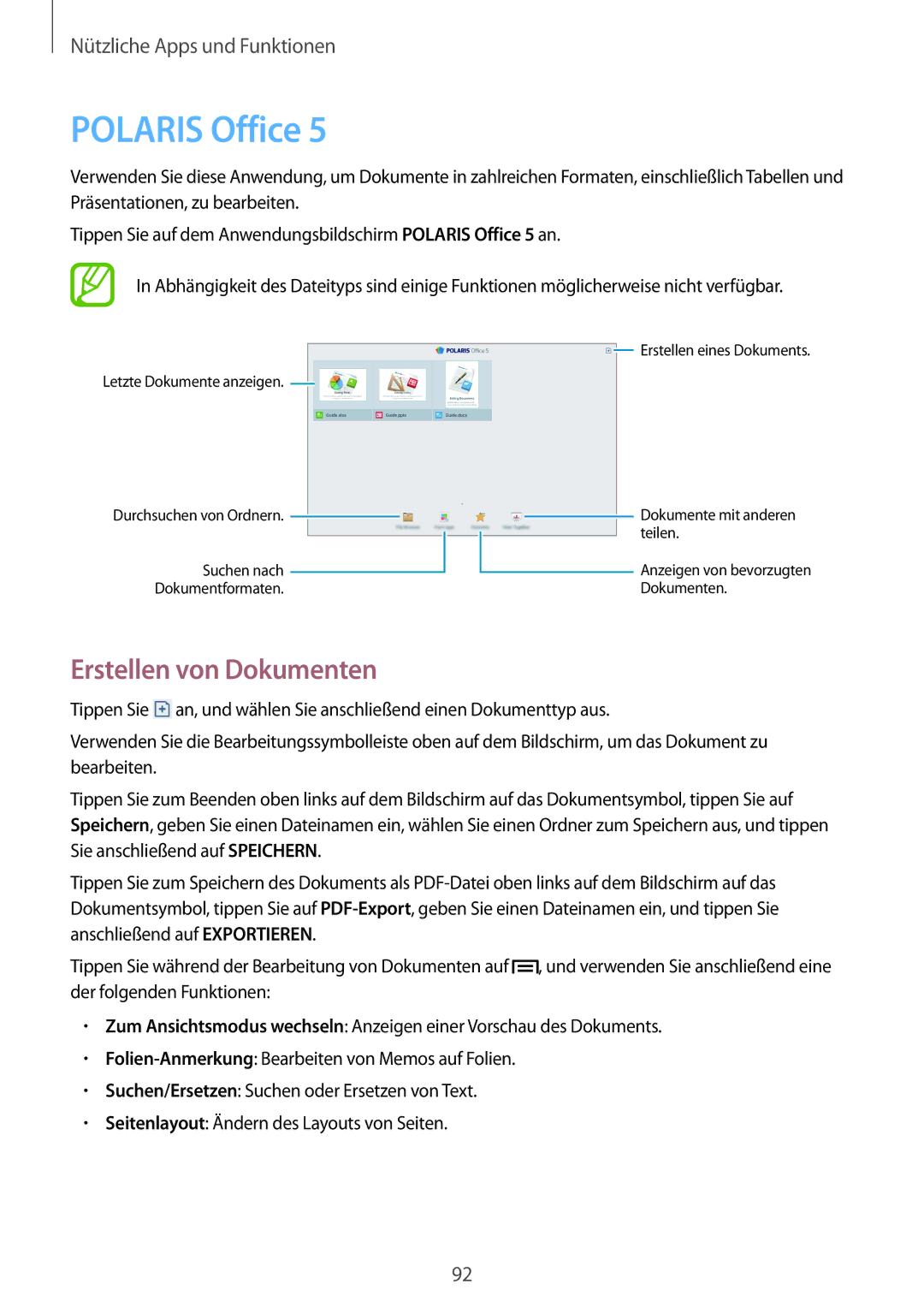 Samsung SM-P6000ZKATUR, SM-P6000ZWAXEO, SM-P6000ZKEDBT, SM-P6000ZKAEUR manual Polaris Office, Erstellen von Dokumenten 