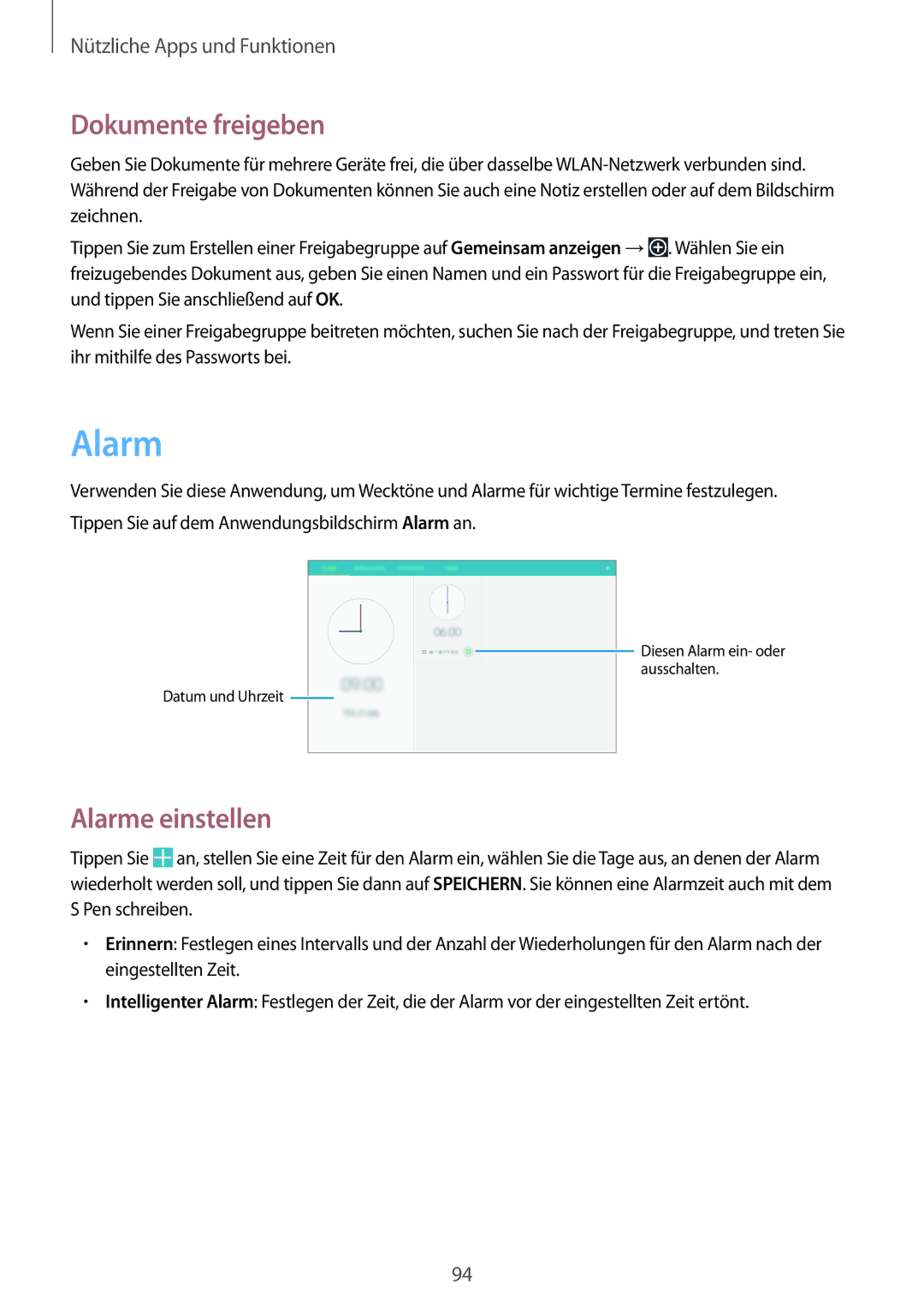 Samsung SM-P6000ZKAXEF, SM-P6000ZWAXEO, SM-P6000ZKEDBT, SM-P6000ZKAEUR manual Dokumente freigeben, Alarme einstellen 