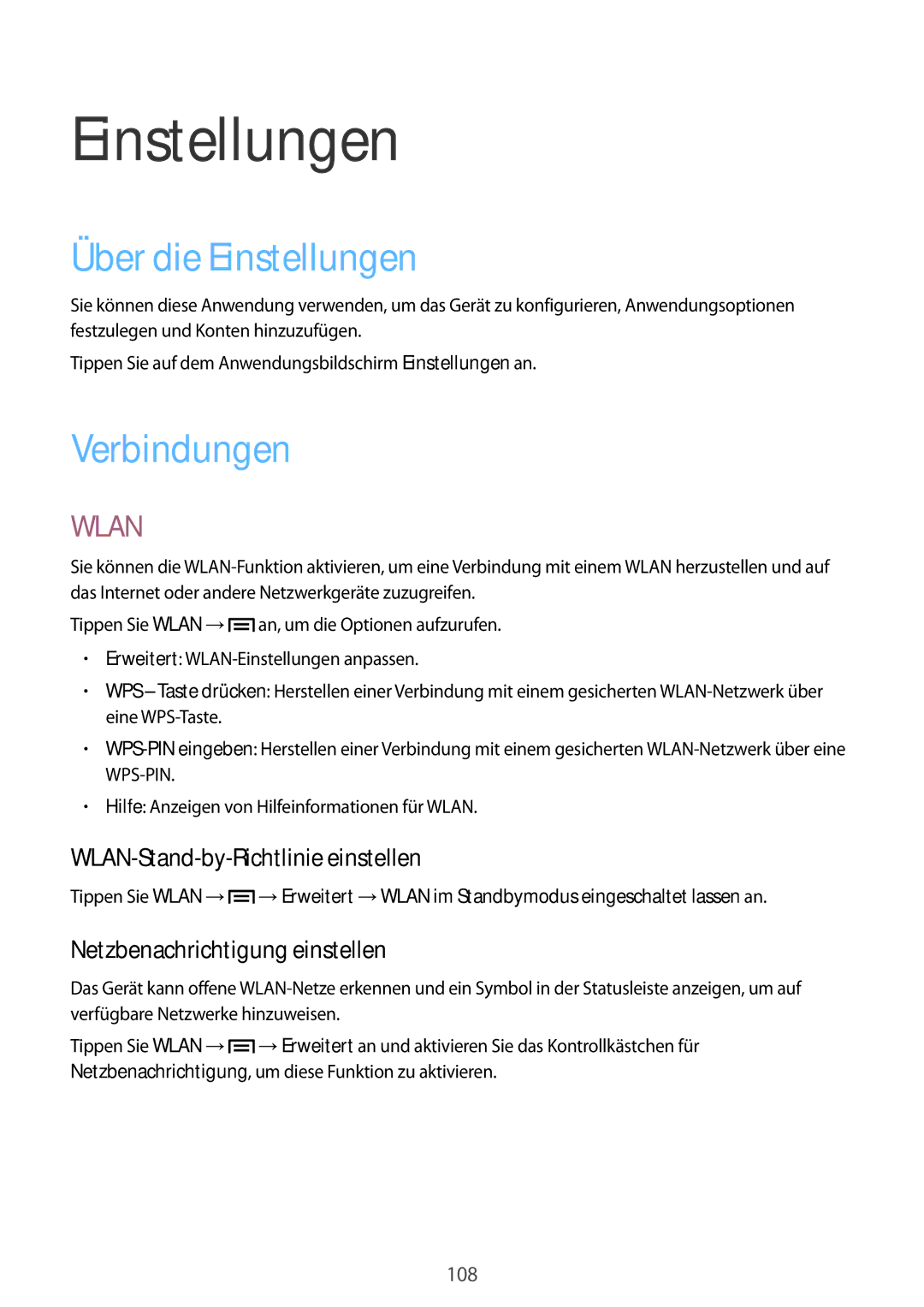 Samsung SM-P6000ZKATUR, SM-P6000ZWAXEO manual Über die Einstellungen, Verbindungen, WLAN-Stand-by-Richtlinie einstellen 
