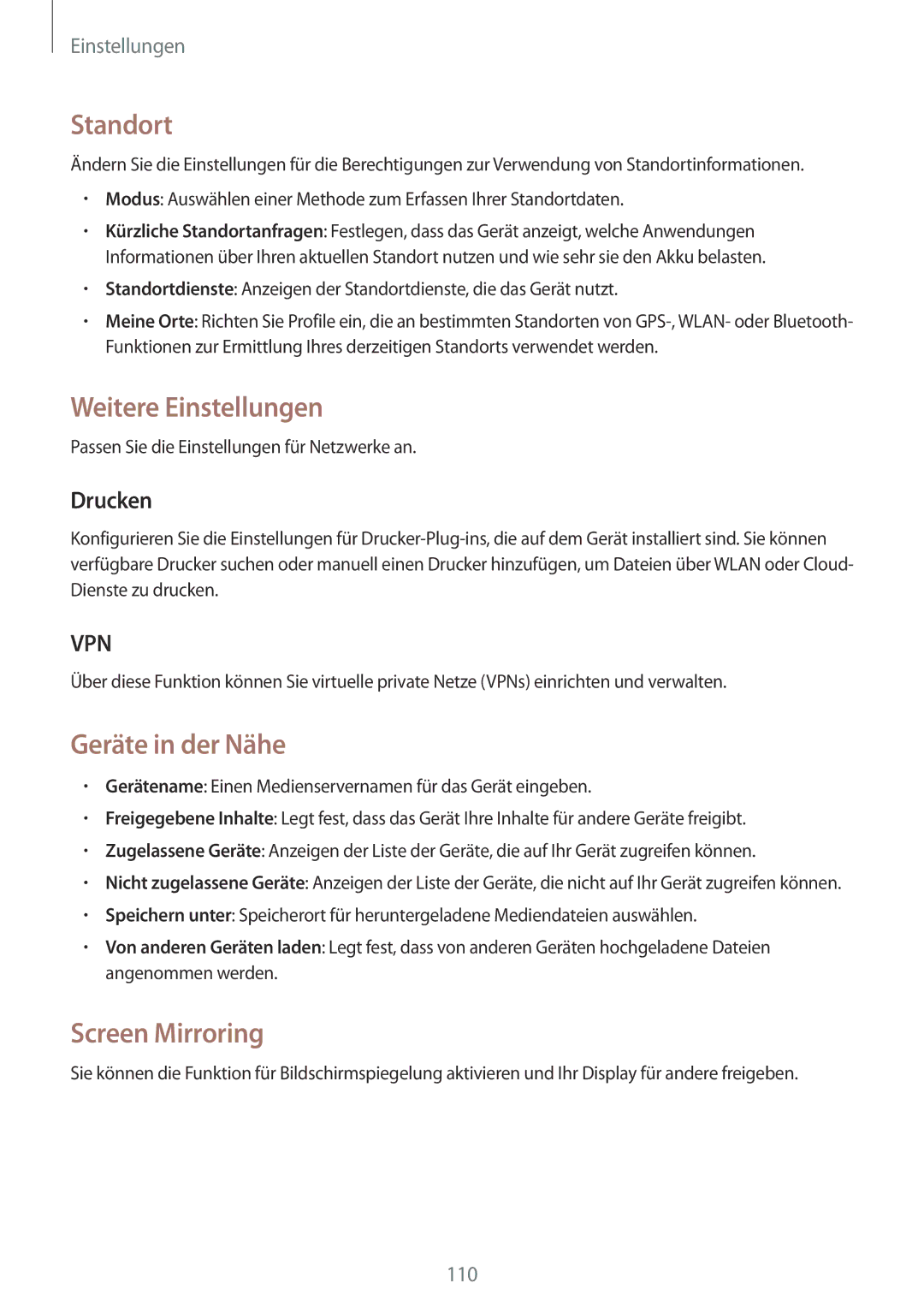 Samsung SM-P6000ZKAXEF, SM-P6000ZWAXEO manual Standort, Weitere Einstellungen, Geräte in der Nähe, Screen Mirroring, Drucken 