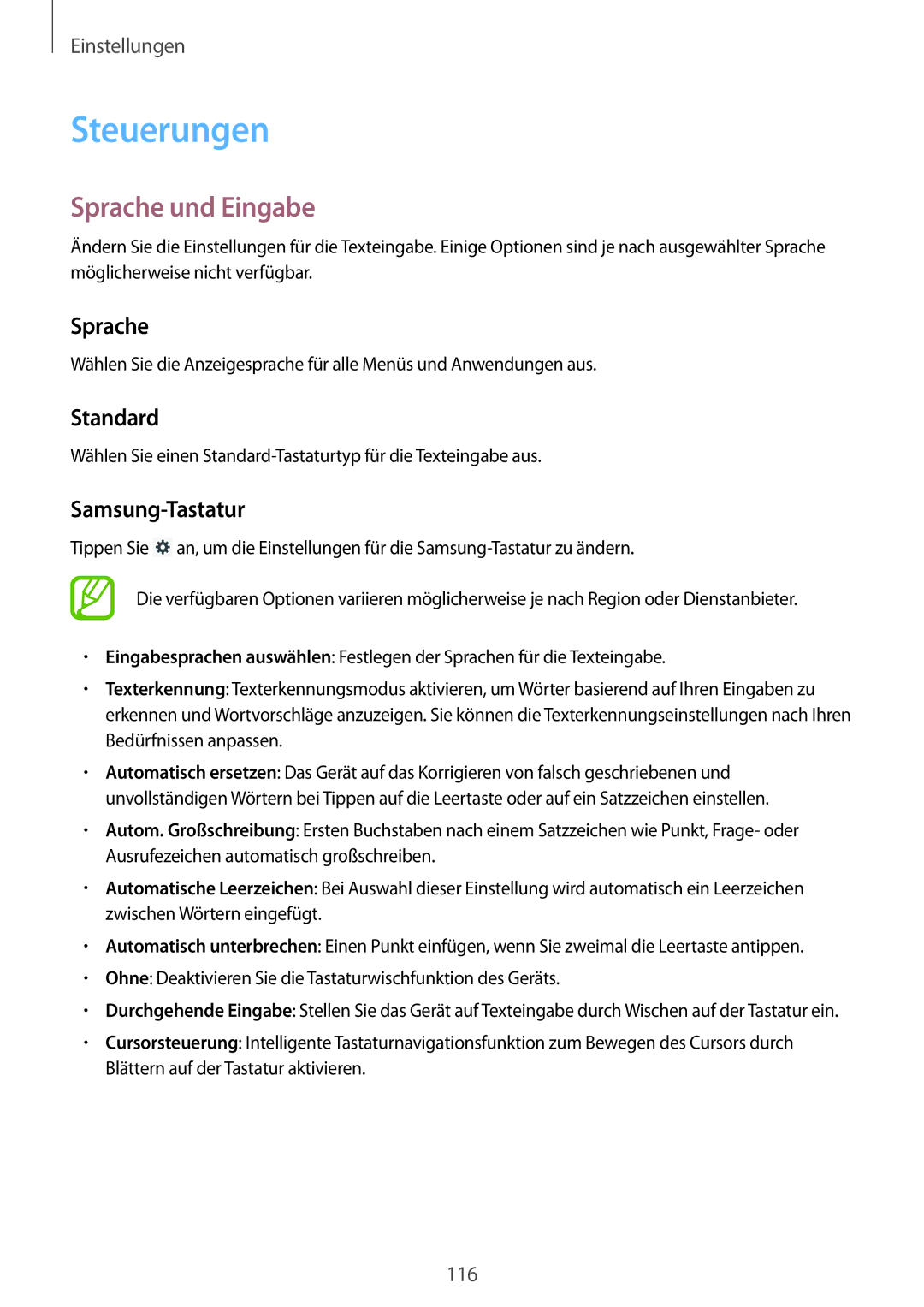 Samsung SM-P6000ZWEATO, SM-P6000ZWAXEO, SM-P6000ZKEDBT manual Steuerungen, Sprache und Eingabe, Standard, Samsung-Tastatur 