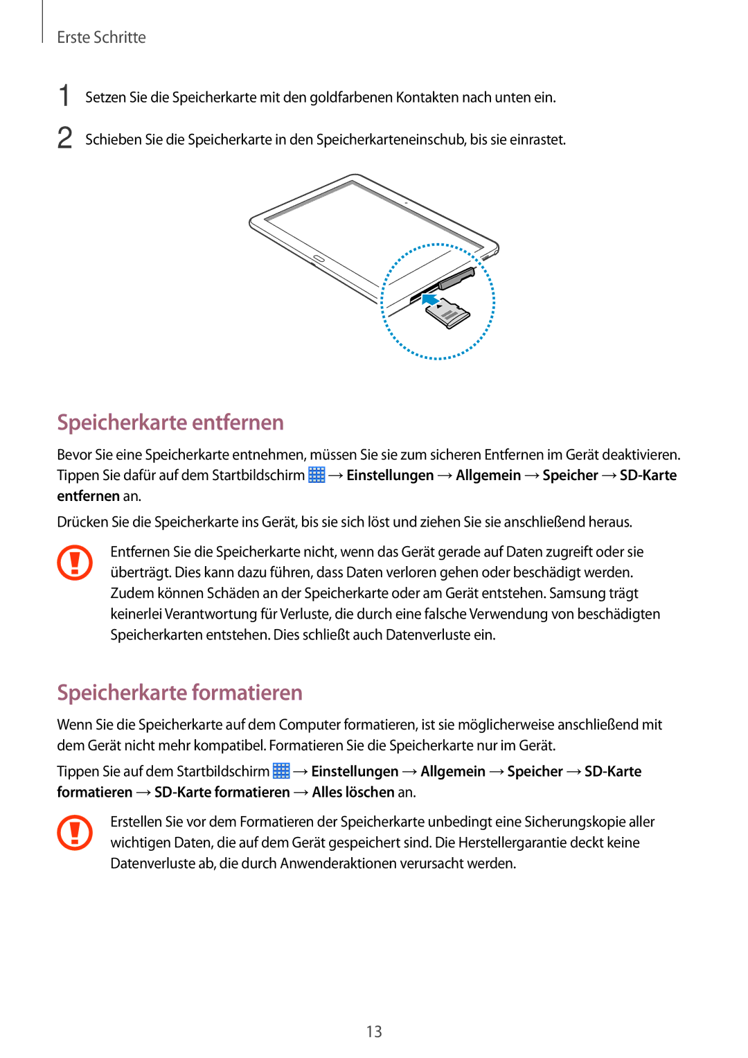 Samsung SM-P6000ZWEDBT, SM-P6000ZWAXEO, SM-P6000ZKEDBT, SM-P6000ZKAEUR Speicherkarte entfernen, Speicherkarte formatieren 