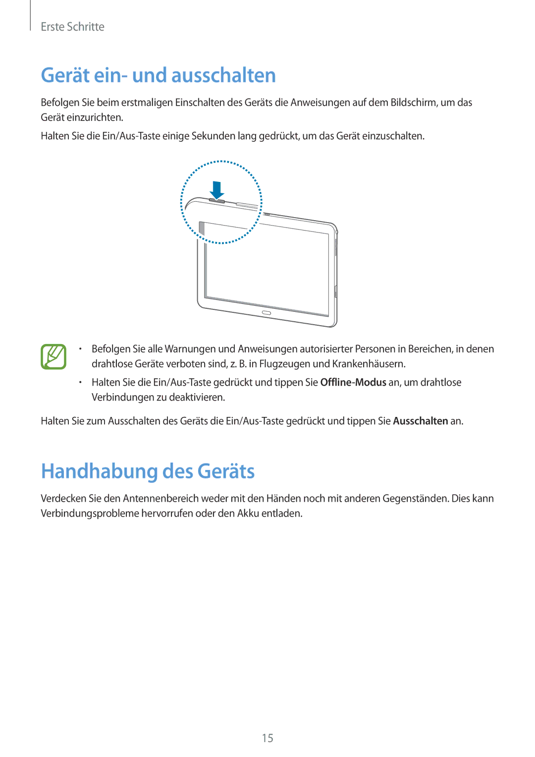 Samsung SM-P6000ZWAXEF, SM-P6000ZWAXEO, SM-P6000ZKEDBT, SM-P6000ZKAEUR Gerät ein- und ausschalten, Handhabung des Geräts 