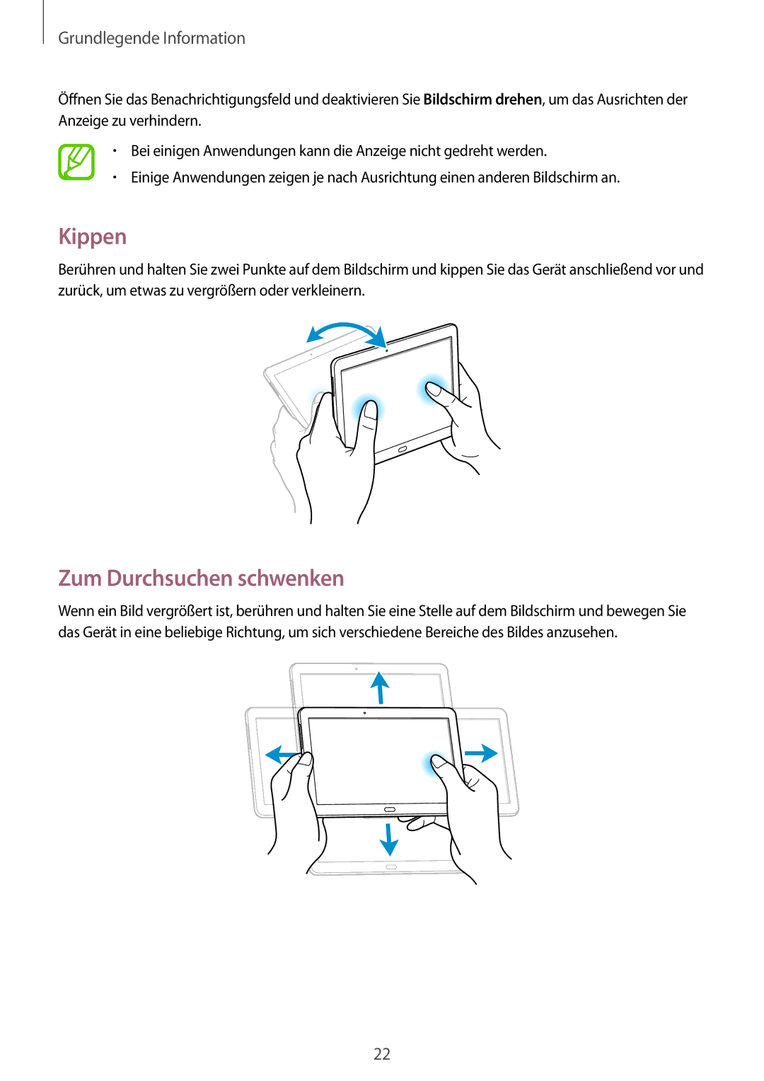 Samsung SM-P6000ZWAEUR, SM-P6000ZWAXEO, SM-P6000ZKEDBT, SM-P6000ZKAEUR, SM-P6000ZKAATO manual Kippen, Zum Durchsuchen schwenken 