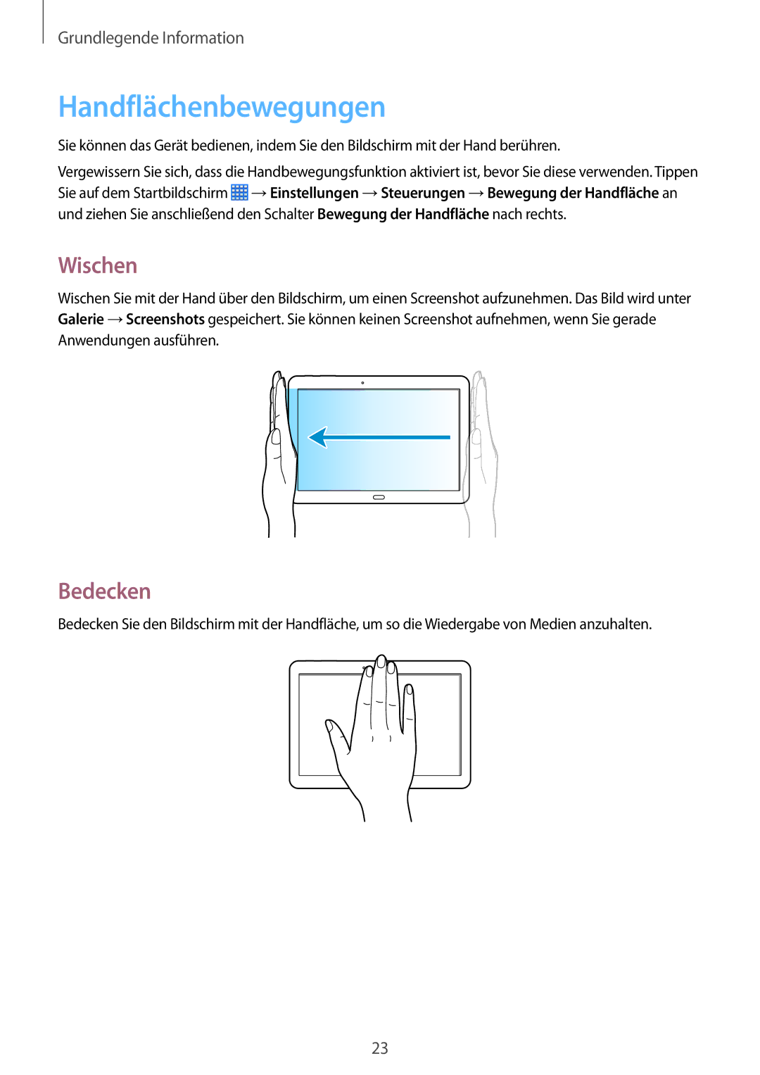 Samsung SM-P6000ZWAATO, SM-P6000ZWAXEO, SM-P6000ZKEDBT, SM-P6000ZKAEUR manual Handflächenbewegungen, Wischen, Bedecken 