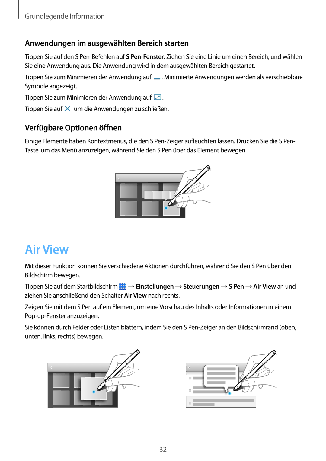 Samsung SM-P6000ZWAXEO, SM-P6000ZKEDBT Air View, Anwendungen im ausgewählten Bereich starten, Verfügbare Optionen öffnen 