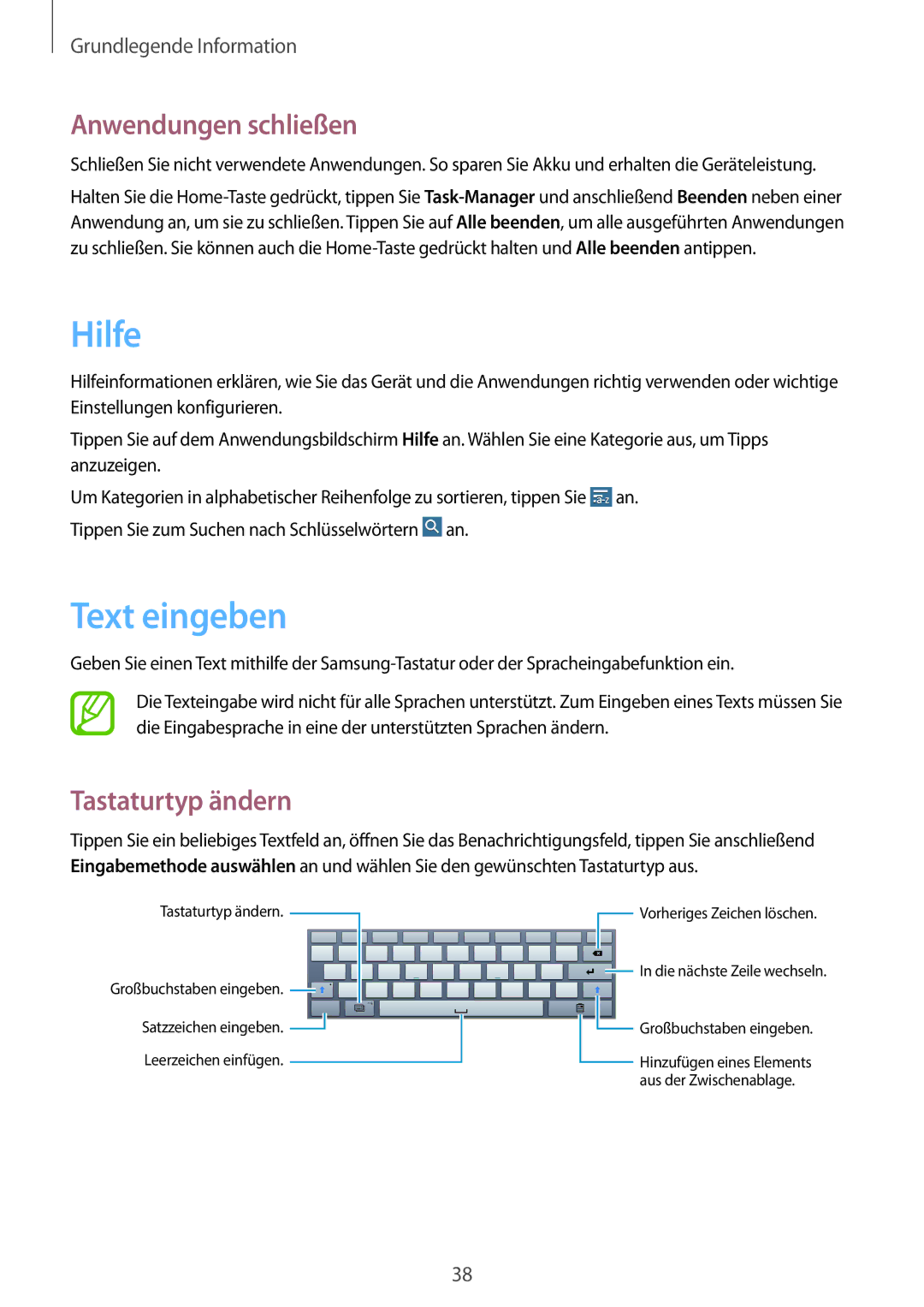 Samsung SM-P6000ZWAEUR, SM-P6000ZWAXEO, SM-P6000ZKEDBT manual Hilfe, Text eingeben, Anwendungen schließen, Tastaturtyp ändern 