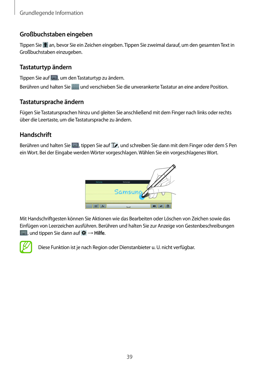 Samsung SM-P6000ZWAATO, SM-P6000ZWAXEO Großbuchstaben eingeben, Tastaturtyp ändern, Tastatursprache ändern, Handschrift 