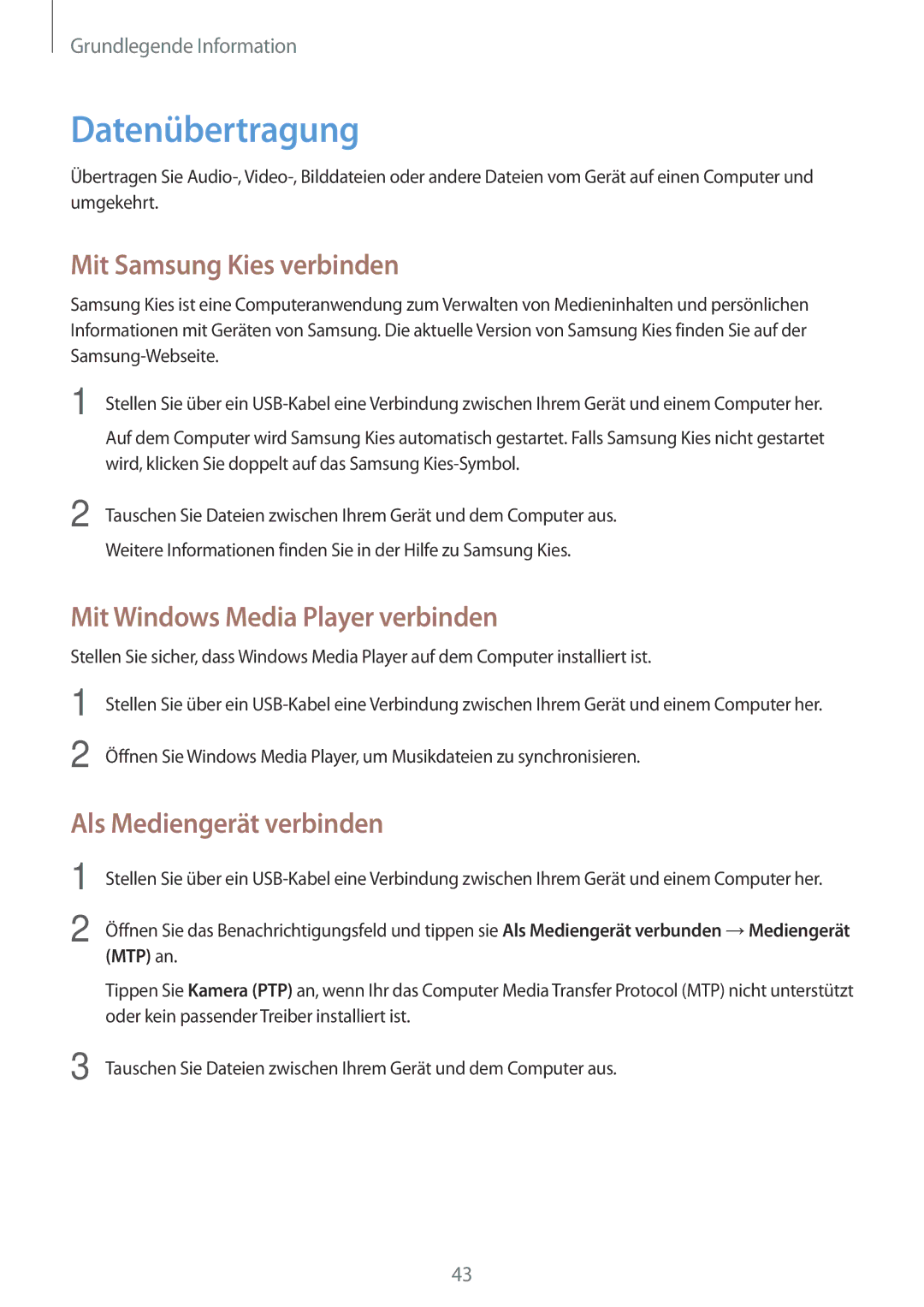 Samsung SM-P6000ZKEATO, SM-P6000ZWAXEO Datenübertragung, Mit Samsung Kies verbinden, Mit Windows Media Player verbinden 