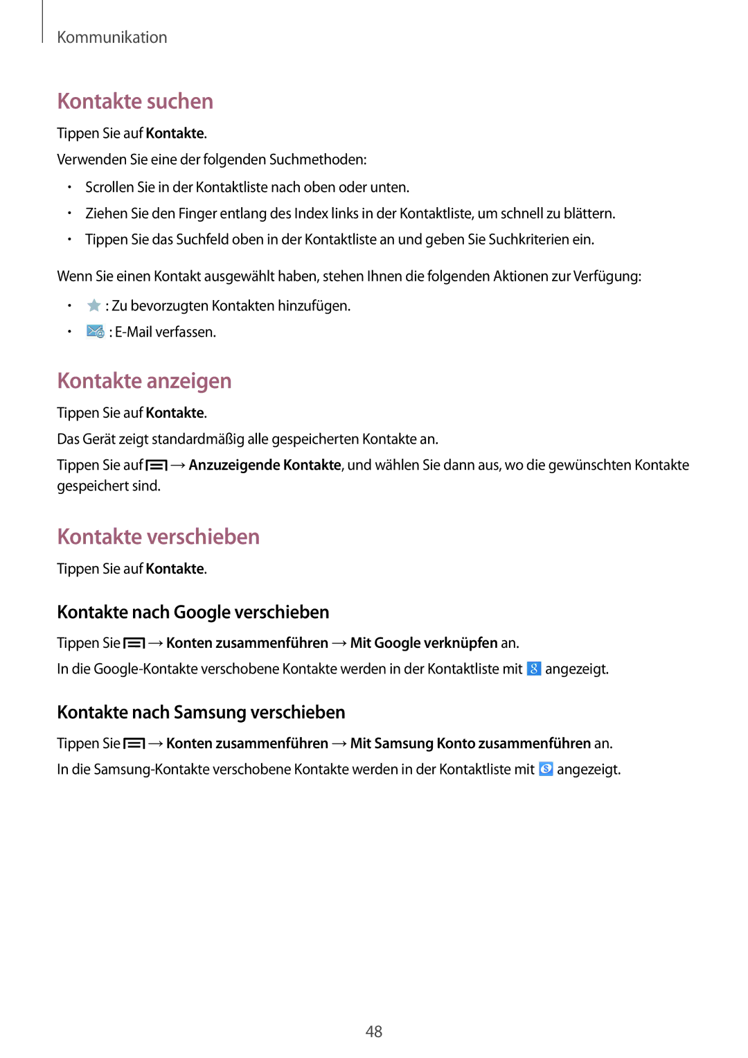 Samsung SM-P6000ZWAXEO manual Kontakte suchen, Kontakte anzeigen, Kontakte verschieben, Kontakte nach Google verschieben 