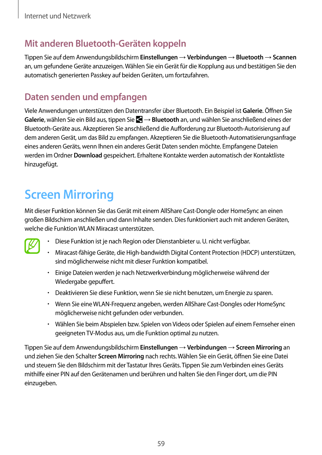 Samsung SM-P6000ZKEATO, SM-P6000ZWAXEO Screen Mirroring, Mit anderen Bluetooth-Geräten koppeln, Daten senden und empfangen 